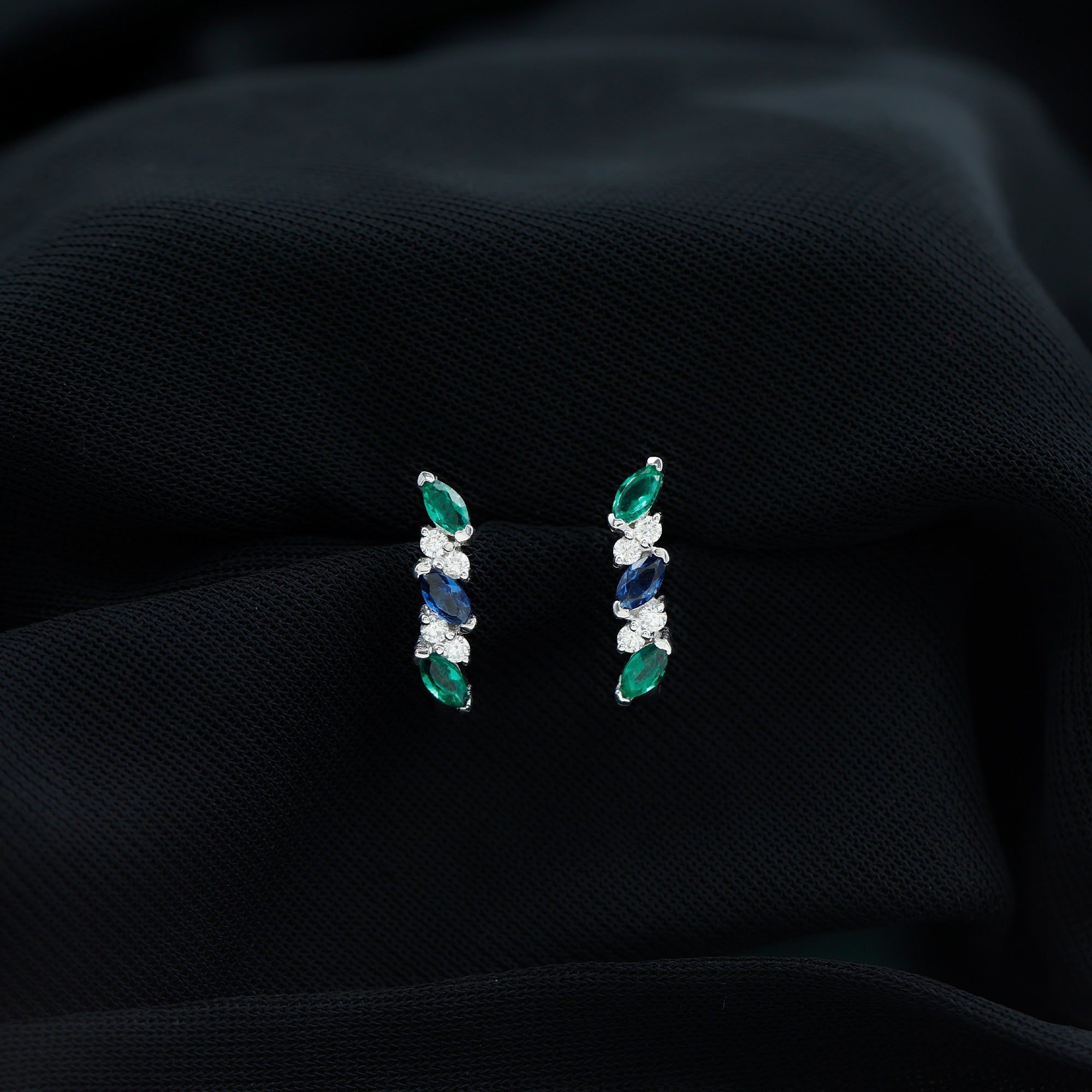 Marquise Cut Lab Created Blue Sapphire and Emerald Hoop Earrings with Moissanite AAAA - Rosec Jewels