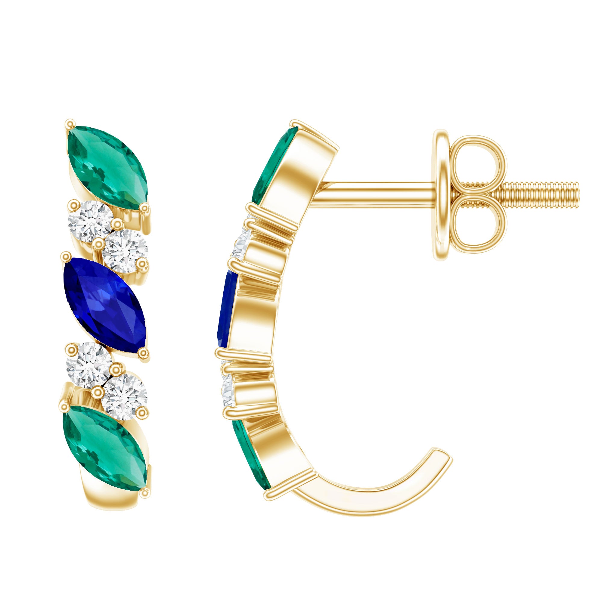 Marquise Cut Lab Created Blue Sapphire and Emerald Hoop Earrings with Moissanite AAAA - Rosec Jewels