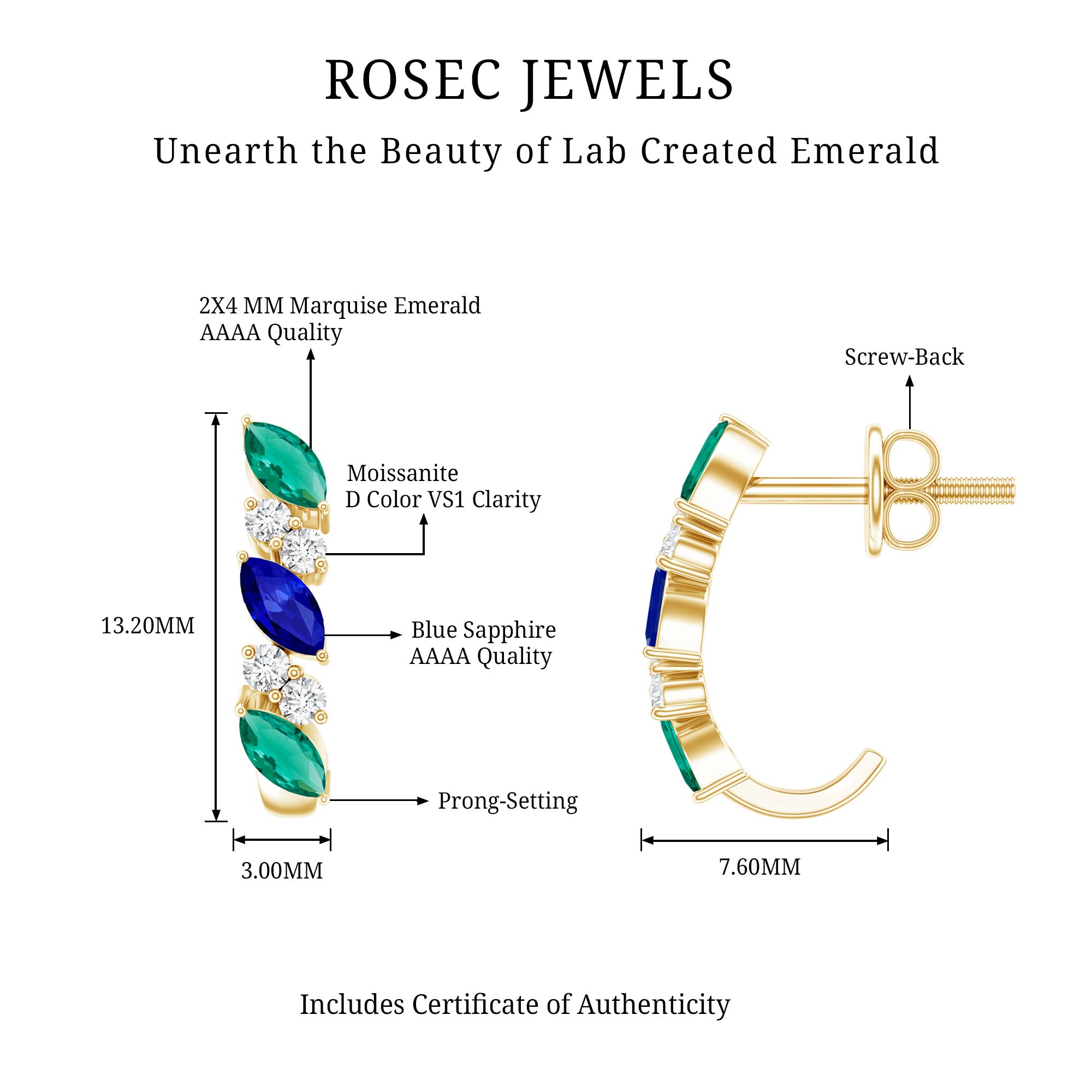 Marquise Cut Lab Created Blue Sapphire and Emerald Hoop Earrings with Moissanite AAAA - Rosec Jewels