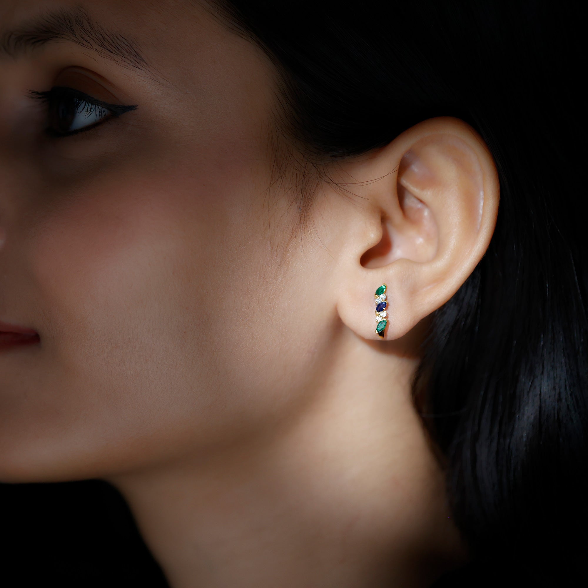 Marquise Cut Lab Created Blue Sapphire and Emerald Hoop Earrings with Moissanite AAAA - Rosec Jewels