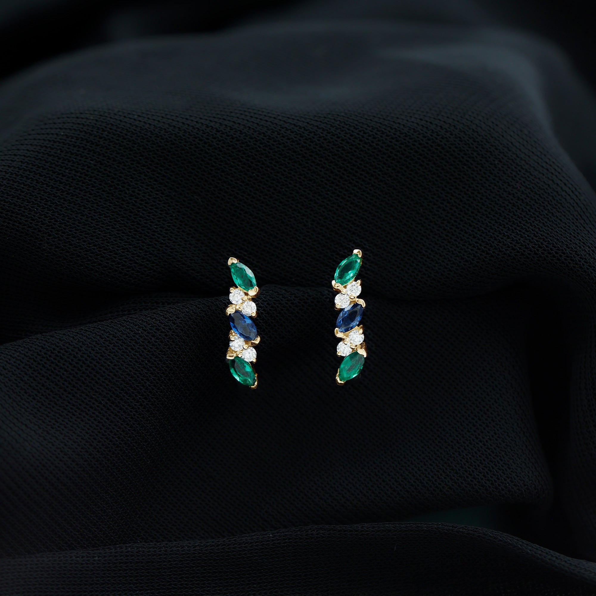 Marquise Cut Lab Created Blue Sapphire and Emerald Hoop Earrings with Moissanite AAAA - Rosec Jewels