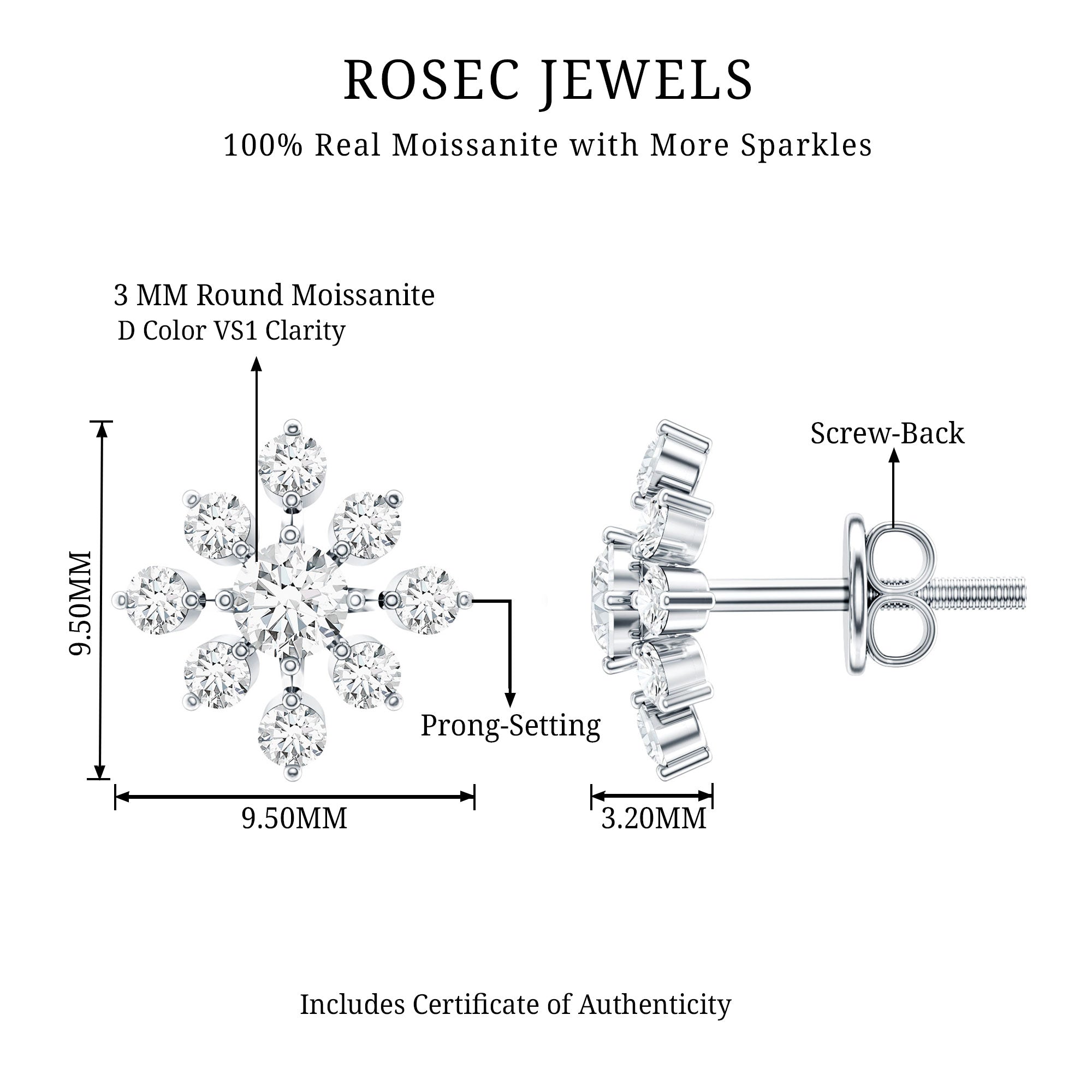 Certified Moissanite Floral Stud Earrings for Women D-VS1 - Rosec Jewels