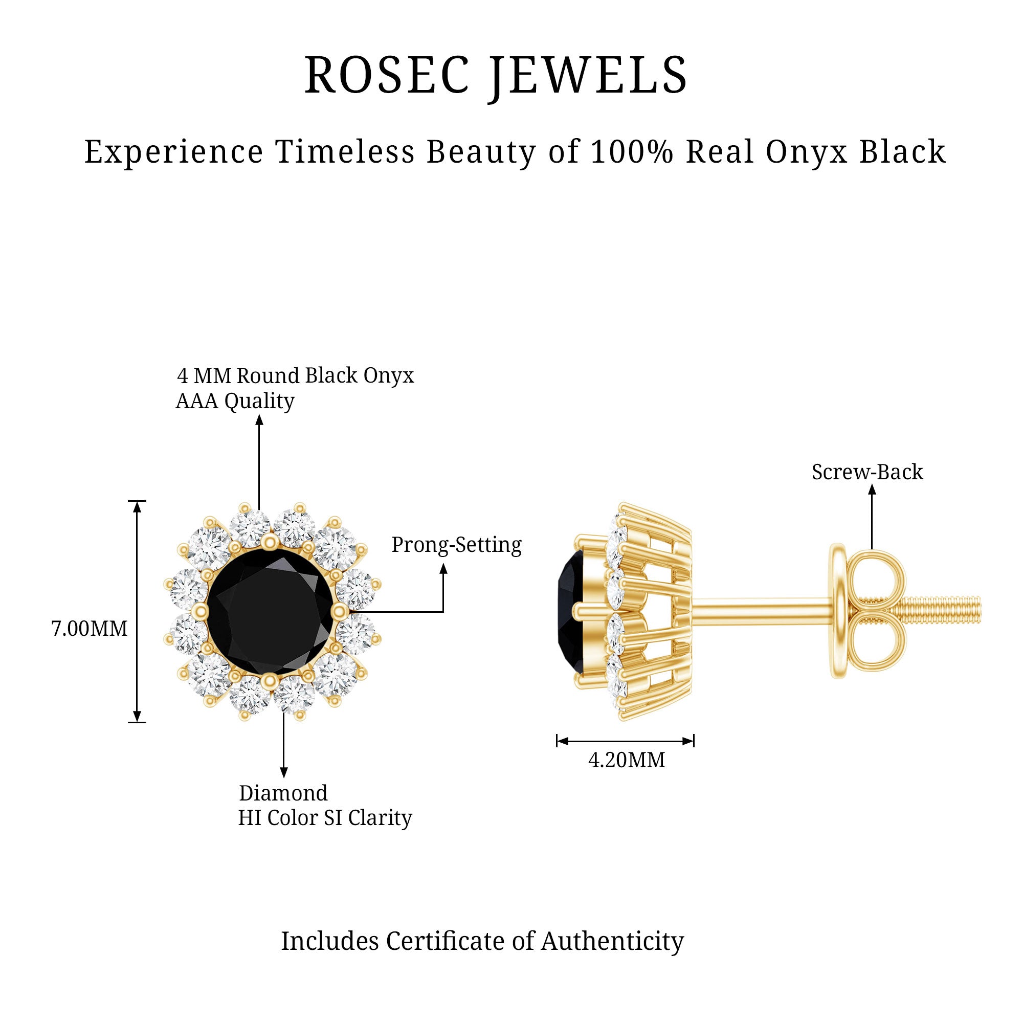 0.44 Carat Black Onyx and Diamond Halo Stud Earrings AAA - Rosec Jewels