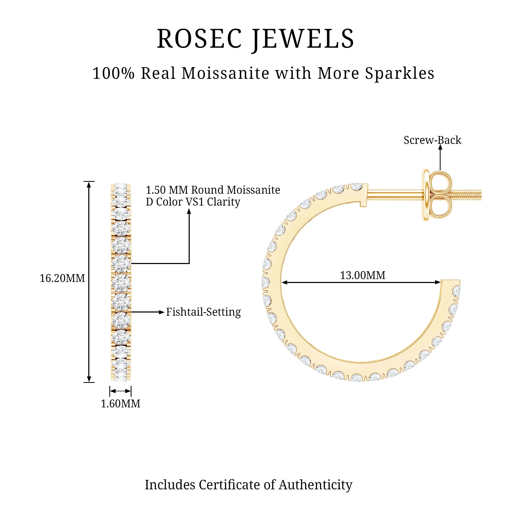Certified Moissanite Hoop Earrings D-VS1 - Rosec Jewels