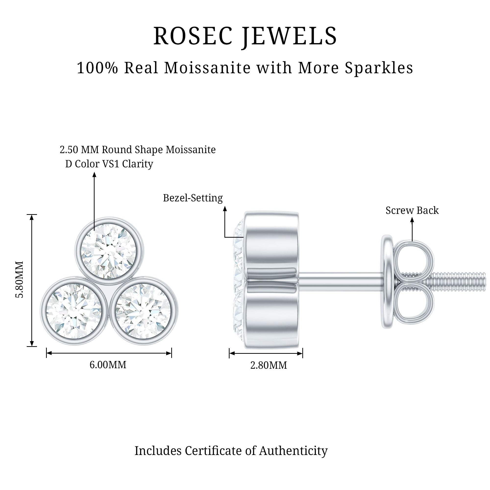 Bezel Set Round Cut Moissanite Three Stone Stud Earrings D-VS1 - Rosec Jewels
