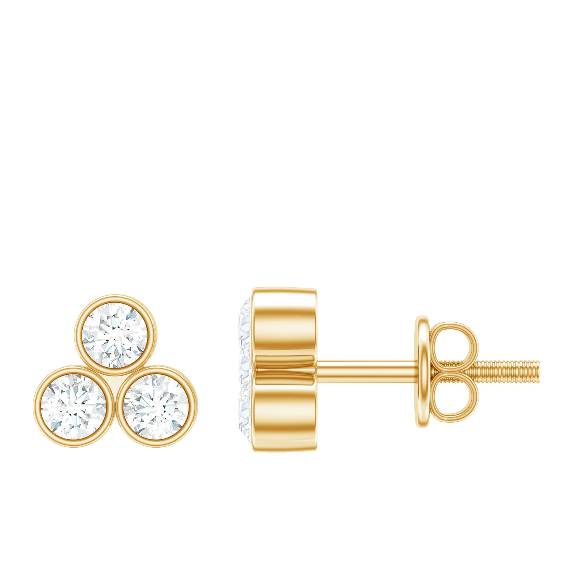 Bezel Set Round Cut Moissanite Three Stone Stud Earrings D-VS1 - Rosec Jewels