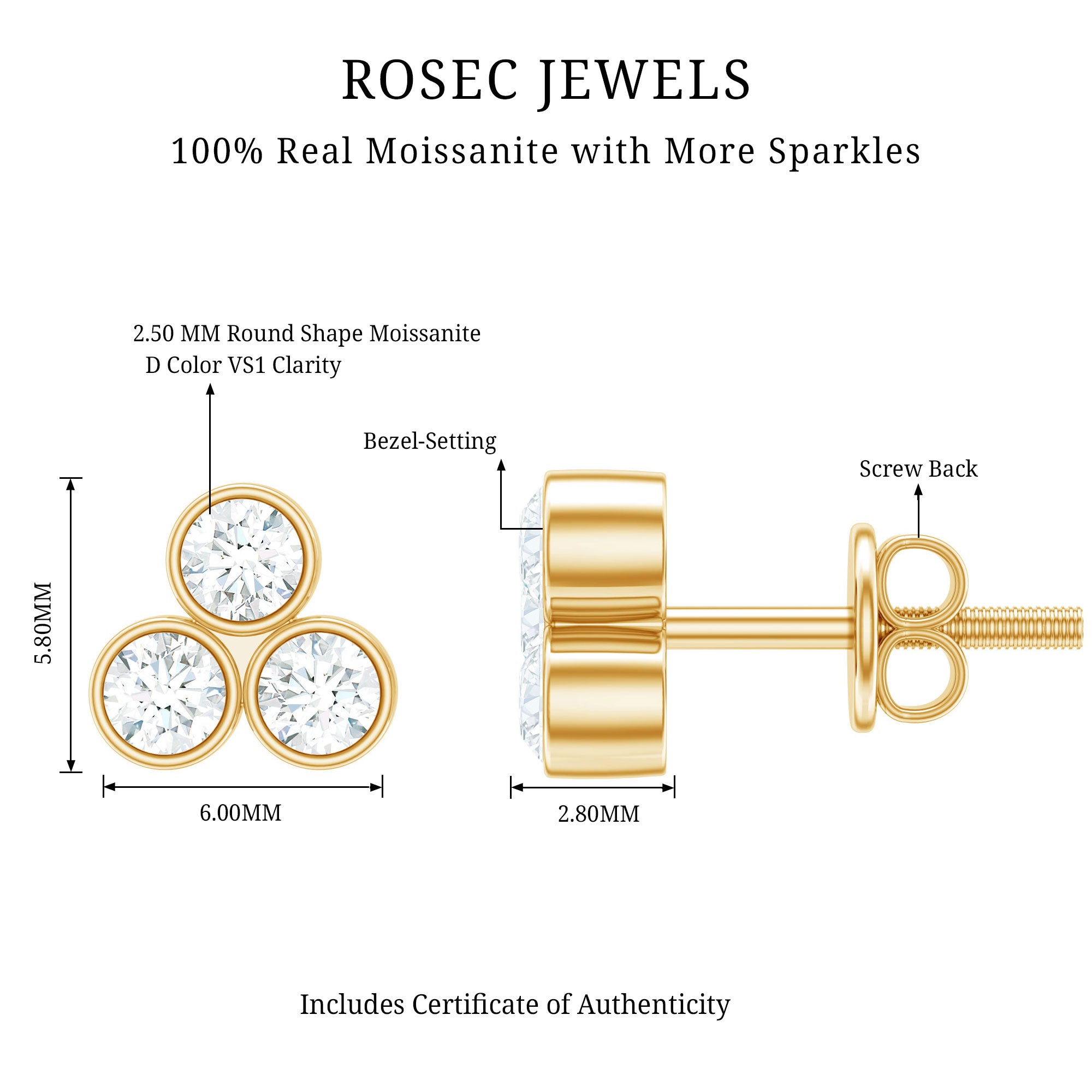 Bezel Set Round Cut Moissanite Three Stone Stud Earrings D-VS1 - Rosec Jewels
