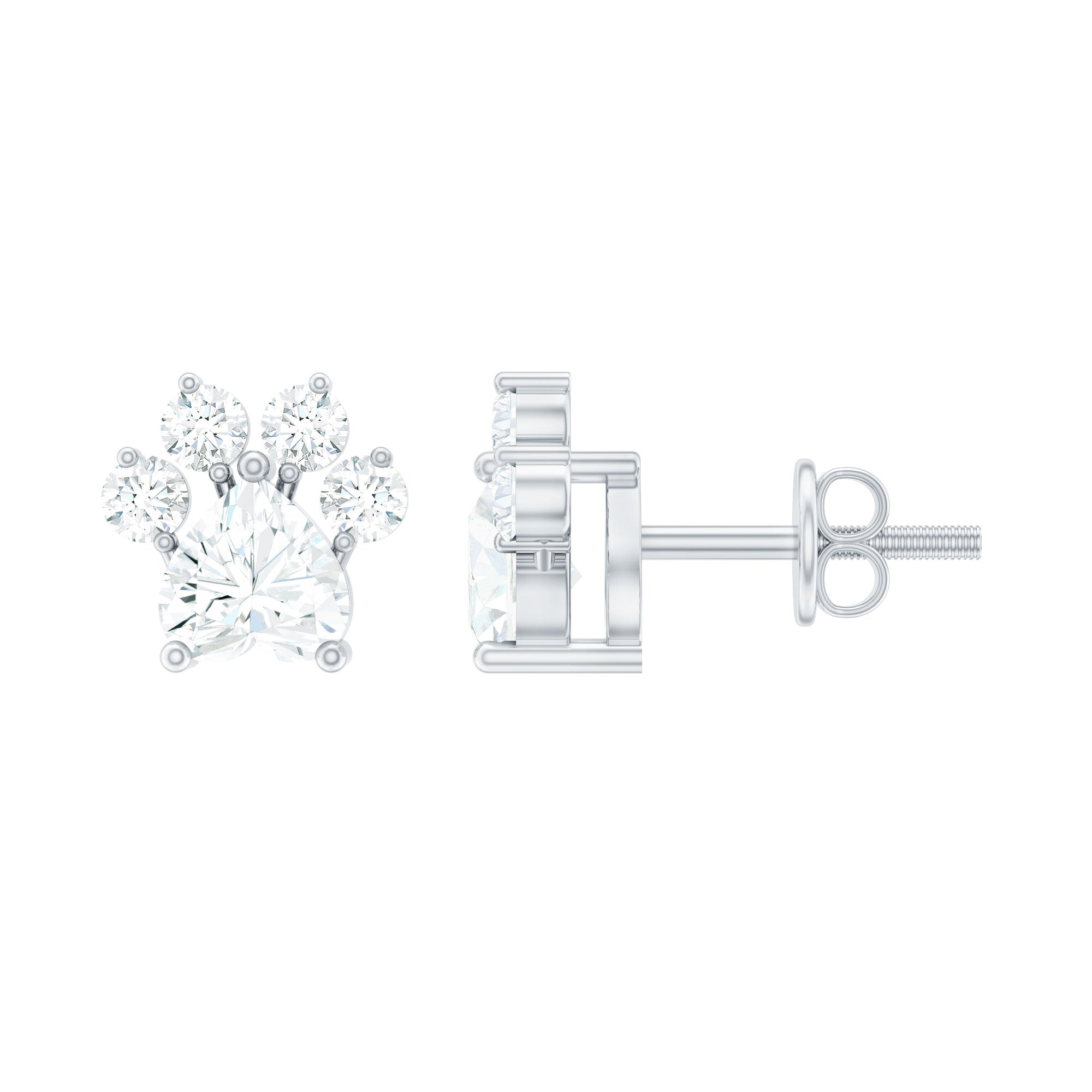 Heart and Round Shape Moissanite Paw Stud Earrings