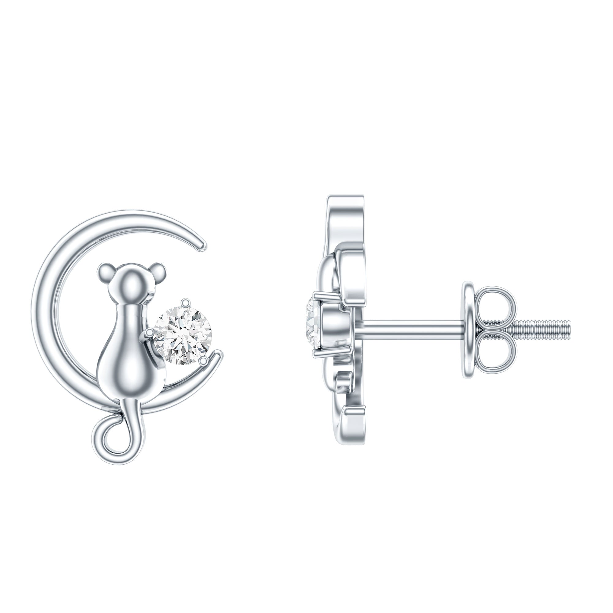 Certified Cat Moon Earrings with Moissanite D-VS1 - Rosec Jewels