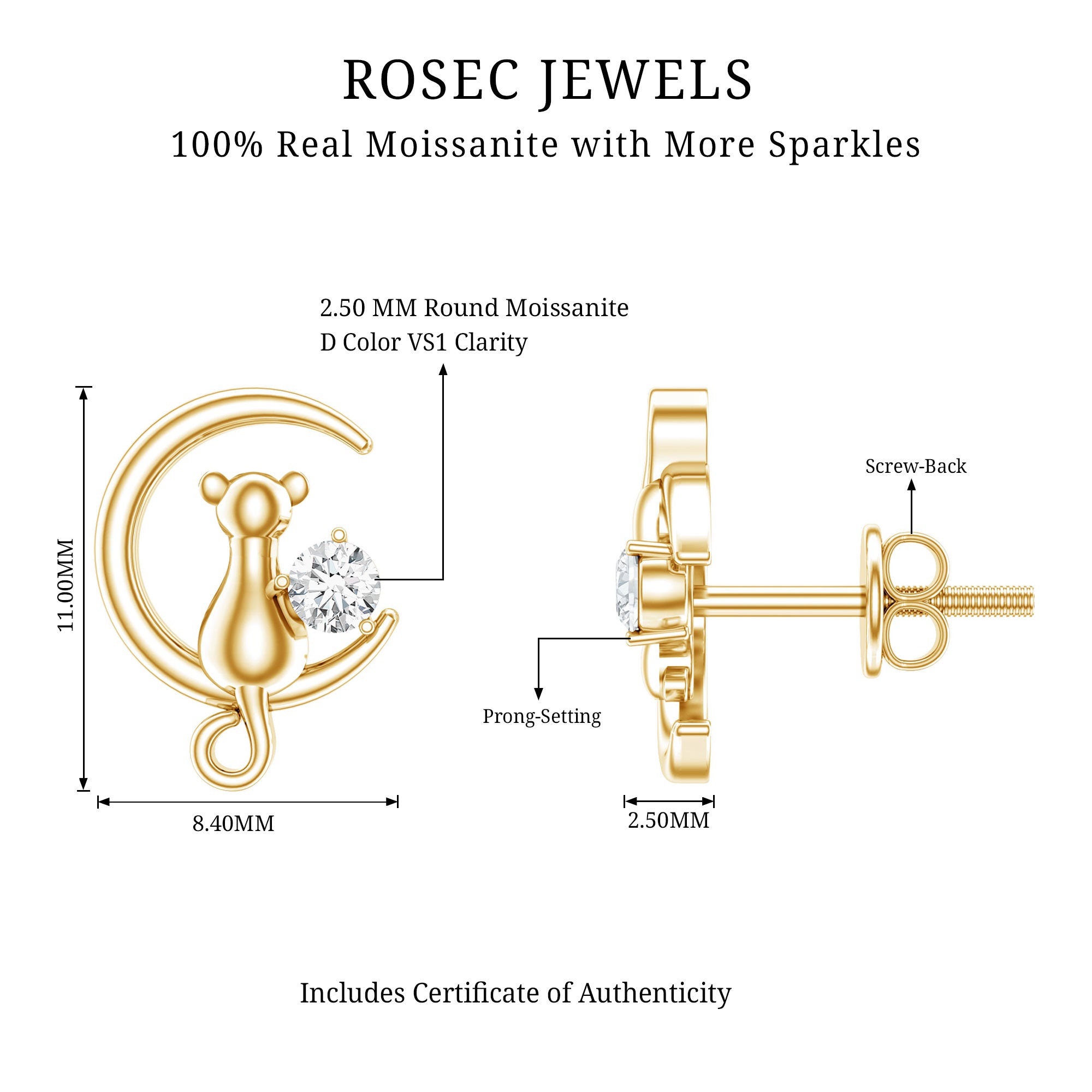 Certified Cat Moon Earrings with Moissanite D-VS1 - Rosec Jewels