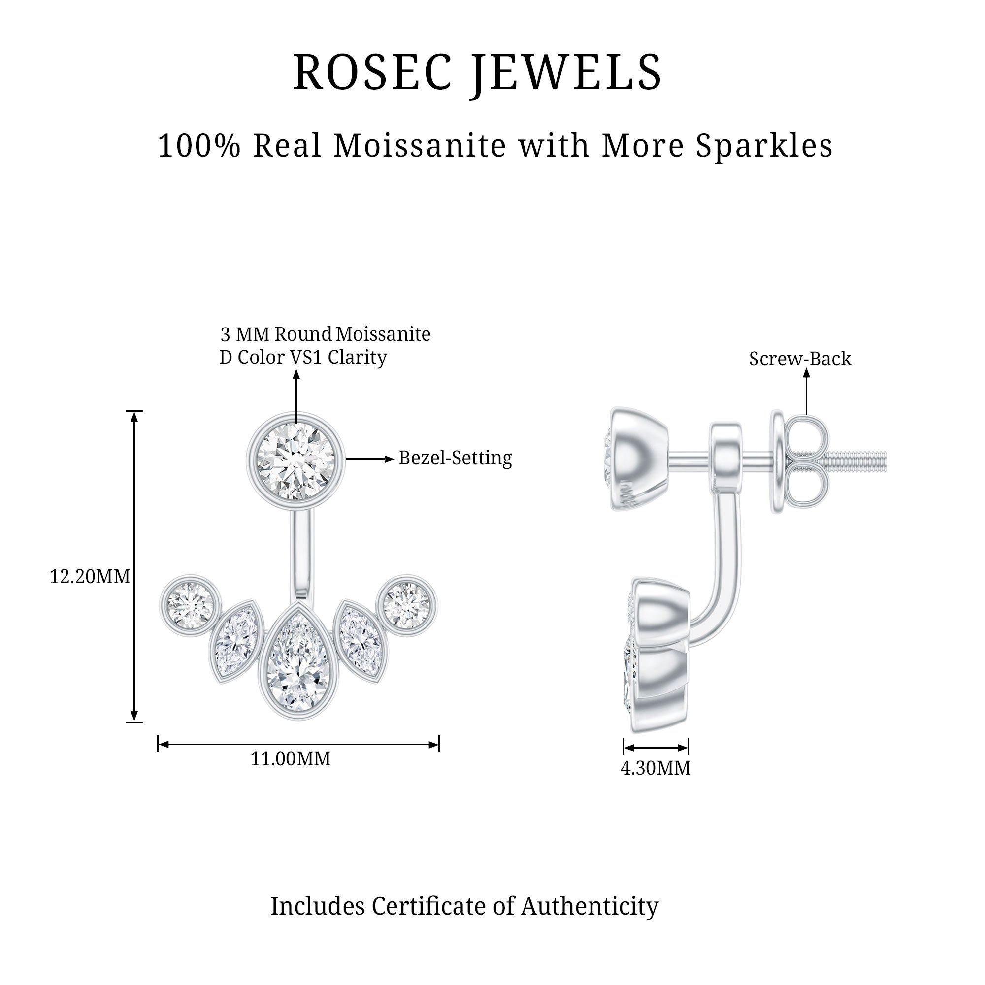 Bezel Set Certified Moissanite Ear Jacket Earrings for Women D-VS1 - Rosec Jewels