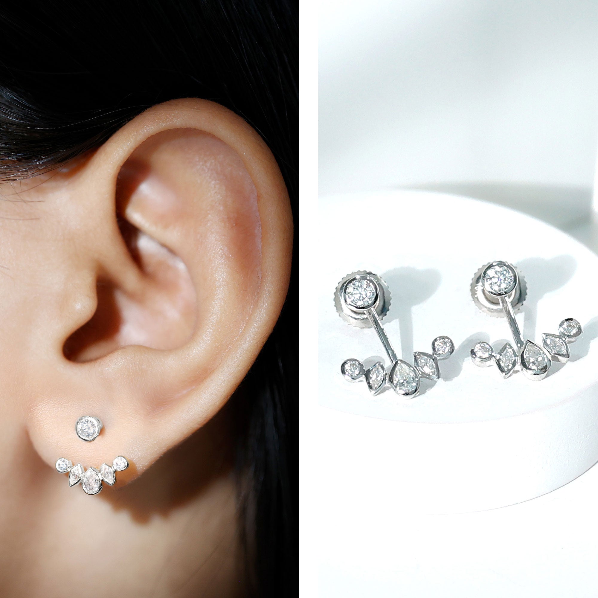 Bezel Set Certified Moissanite Ear Jacket Earrings for Women D-VS1 - Rosec Jewels