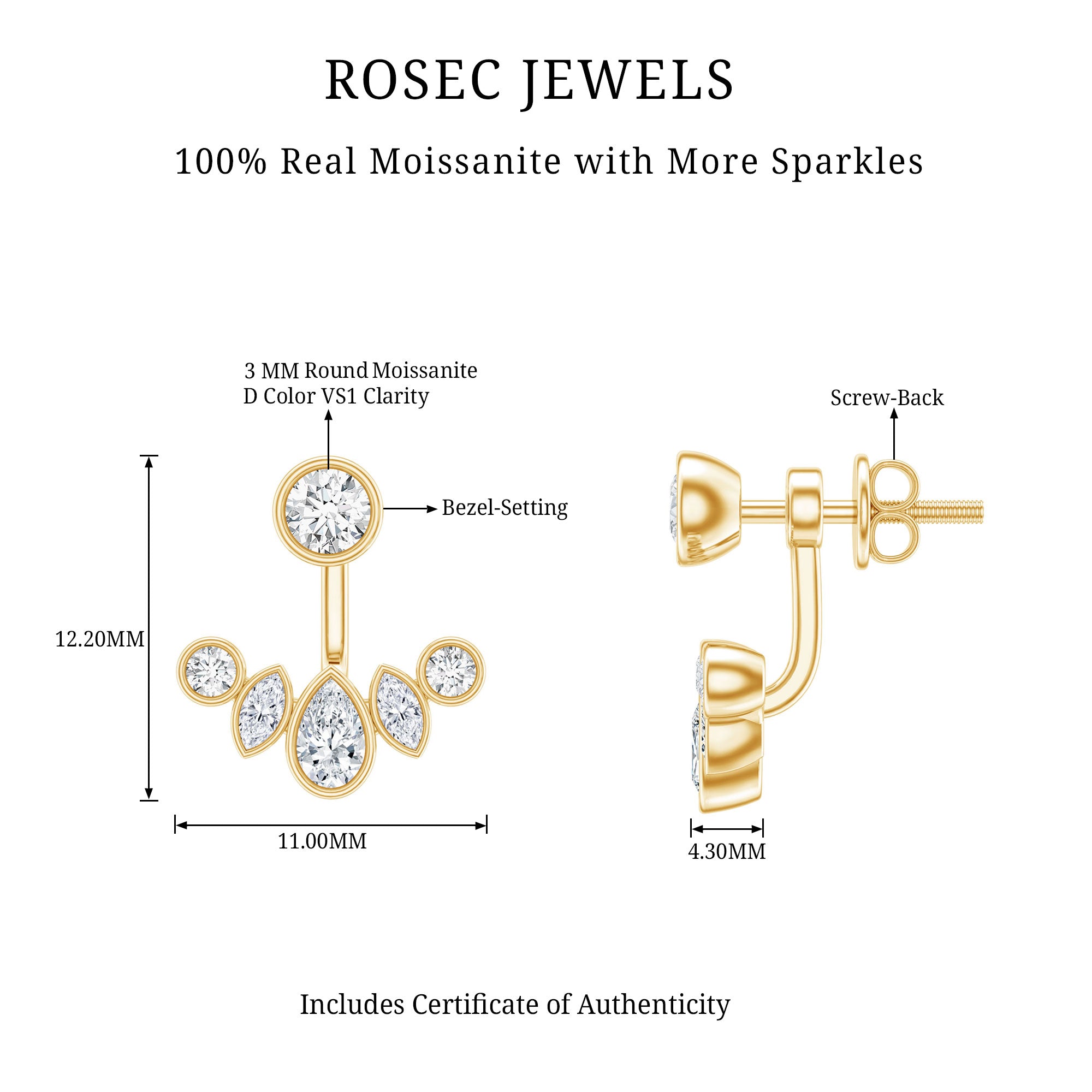Bezel Set Certified Moissanite Ear Jacket Earrings for Women D-VS1 - Rosec Jewels
