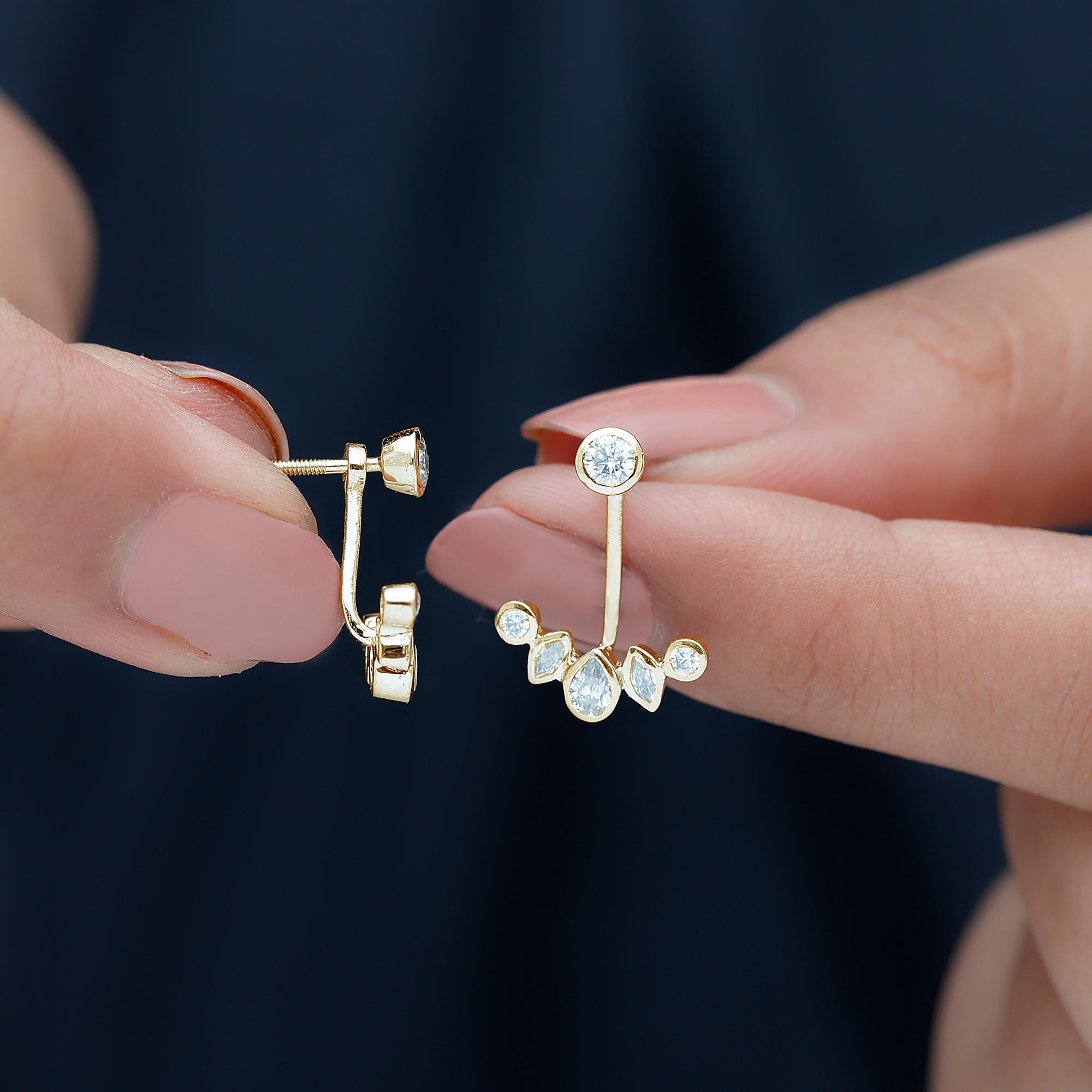 Bezel Set Certified Moissanite Ear Jacket Earrings for Women D-VS1 - Rosec Jewels