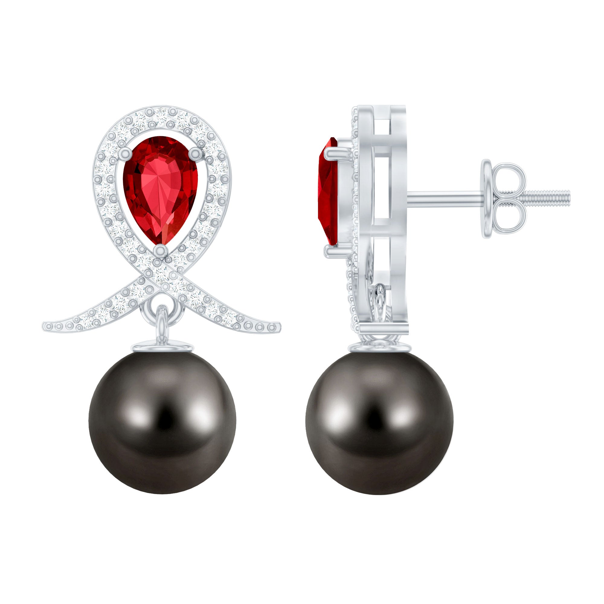 Tahitian Pearl and Created Ruby Drop Earrings with Moissanite