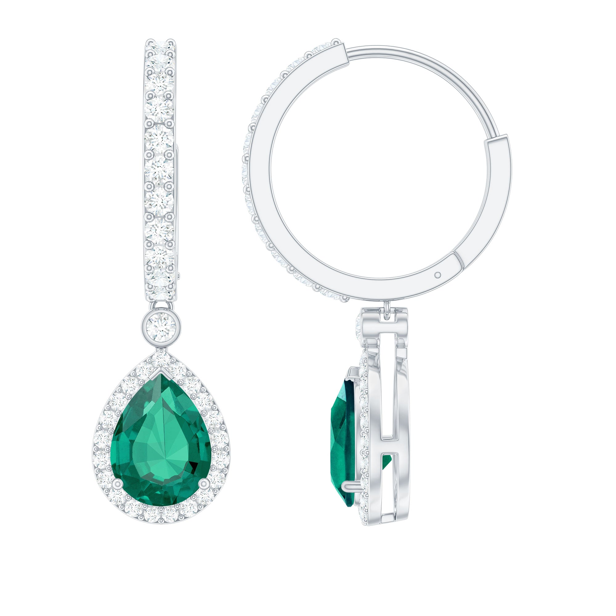 Pear Cut Lab Created Emerald Drop Earrings with Moissanite