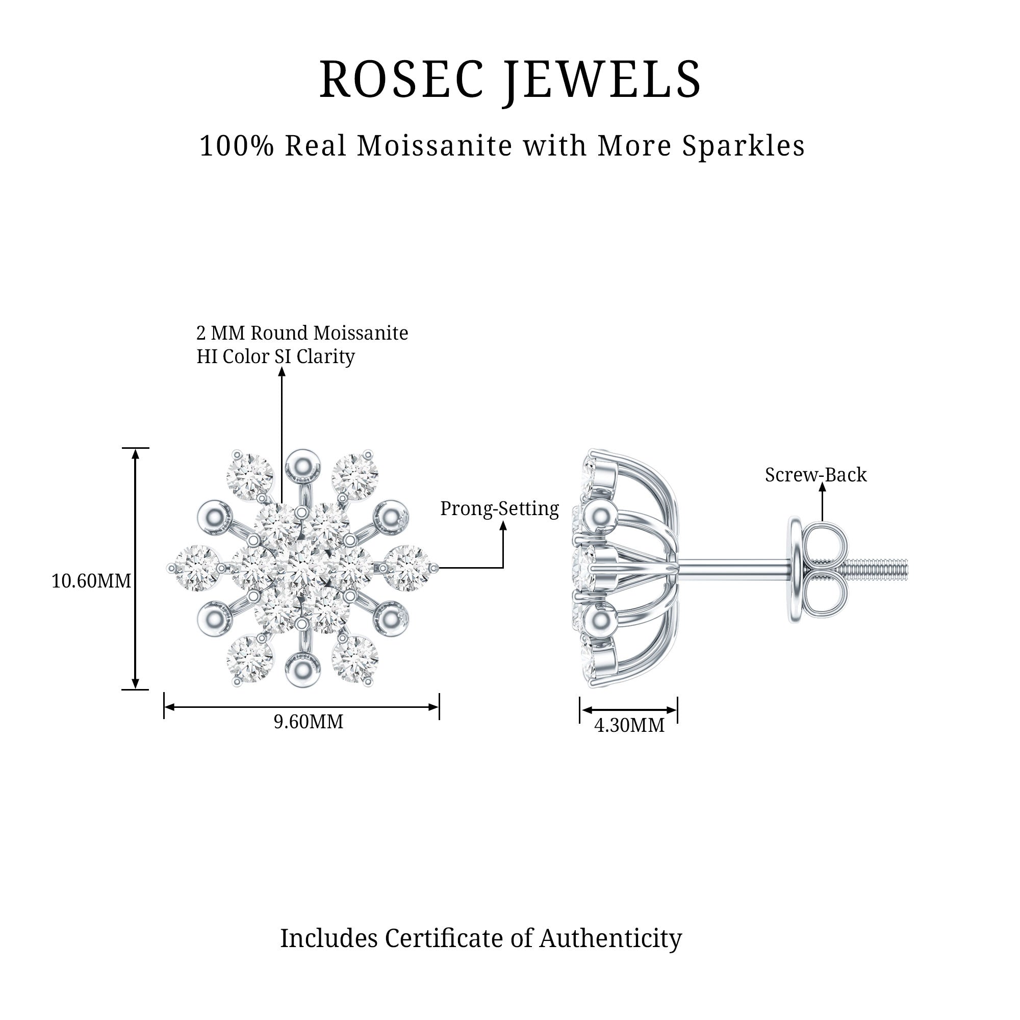 Moissanite Floral Cluster Stud Earrings D-VS1 - Rosec Jewels