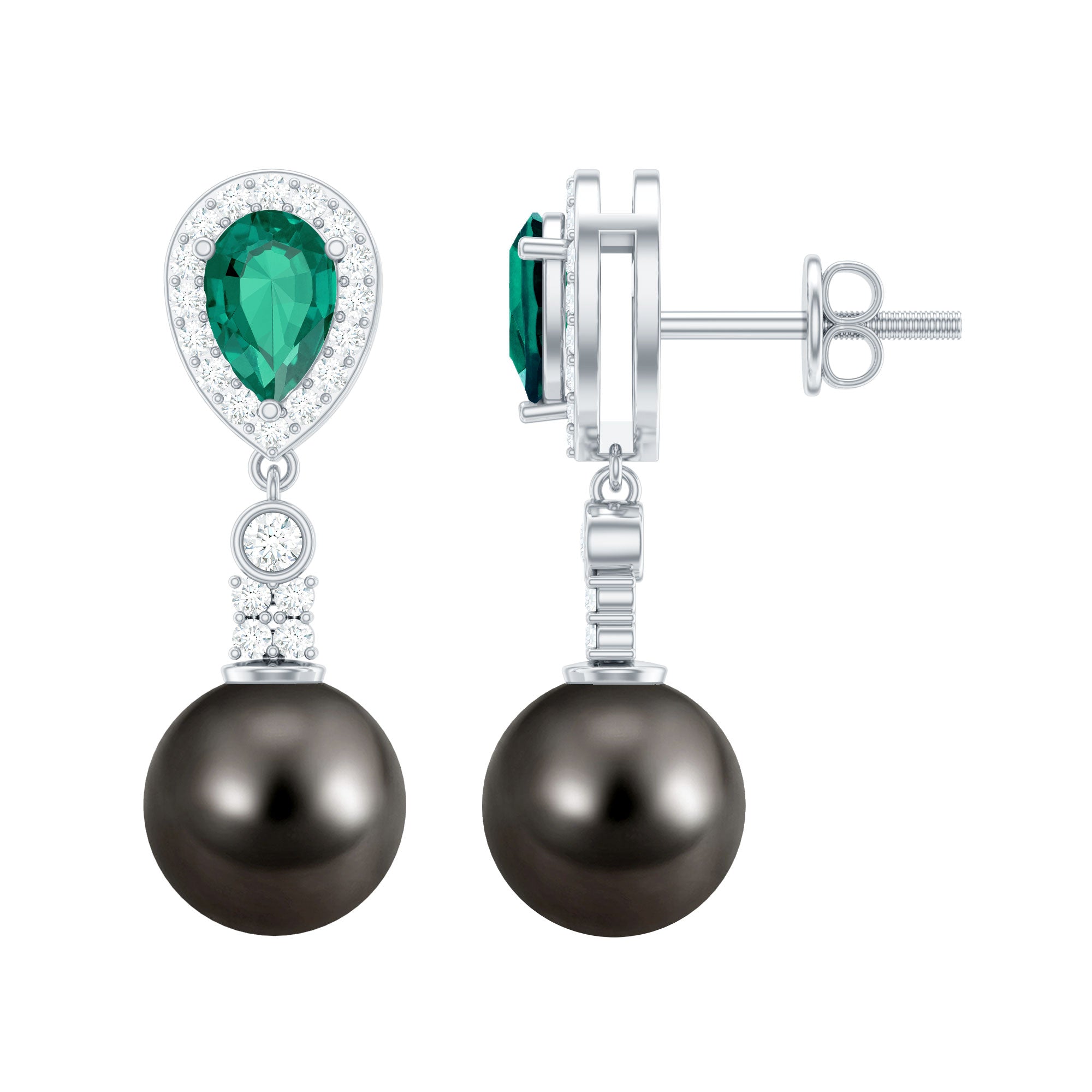 Tahitian Pearl and Created Emerald Drop Earrings with Moissanite