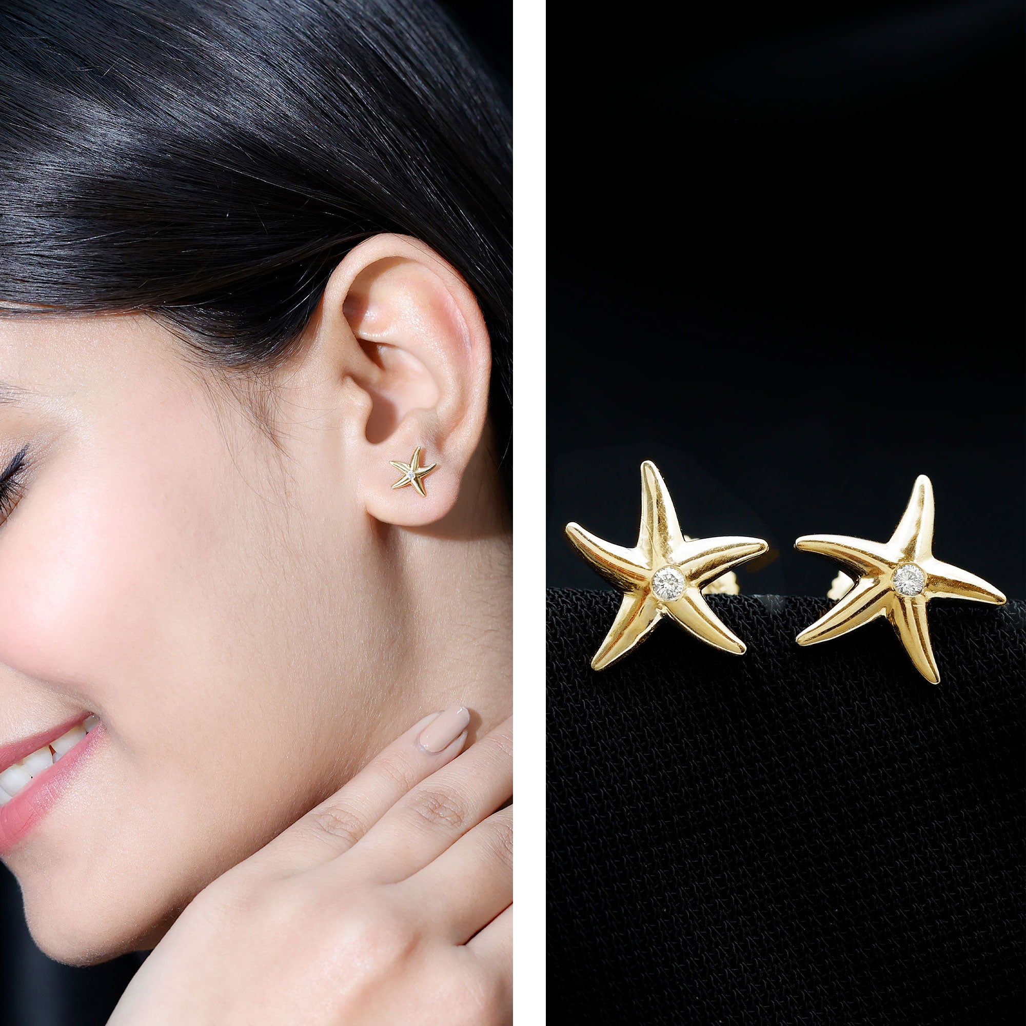 Bezel Set Round Moissanite Starfish Stud Earrings D-VS1 - Rosec Jewels