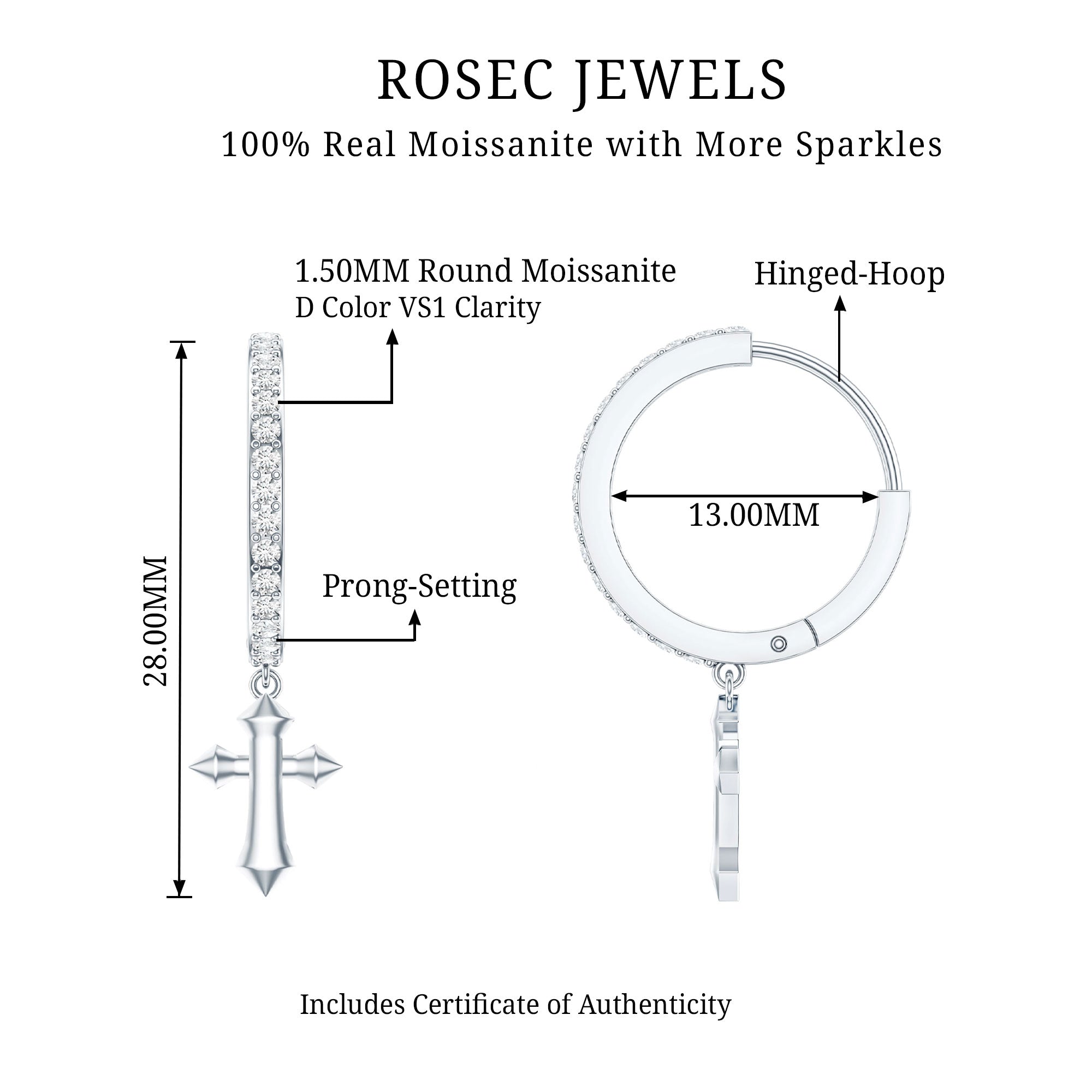 Certified Moissanite Cross Drop Earrings D-VS1 - Rosec Jewels