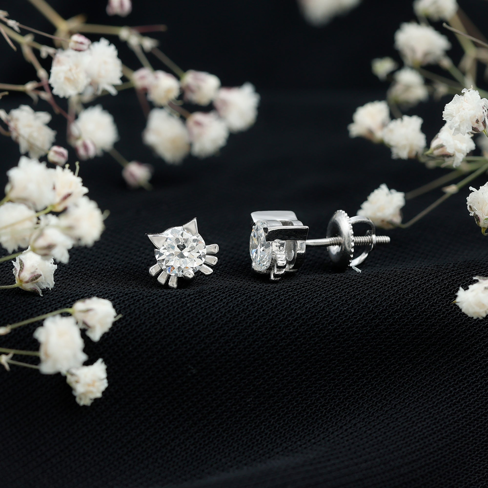 1 CT Solitaire Moissanite Cat Stud Earrings with Screw Back D-VS1 - Rosec Jewels