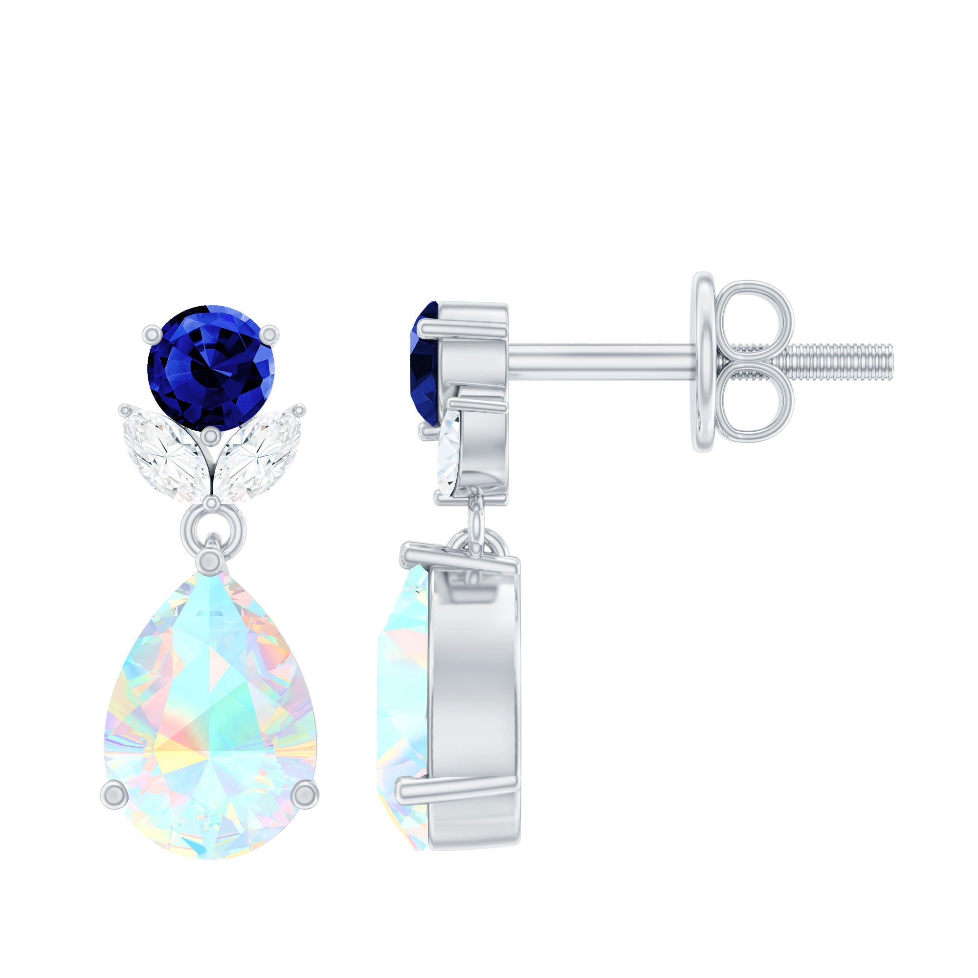 Ethiopian Opal and Created Blue Sapphire Dangle Earrings with Moissanite