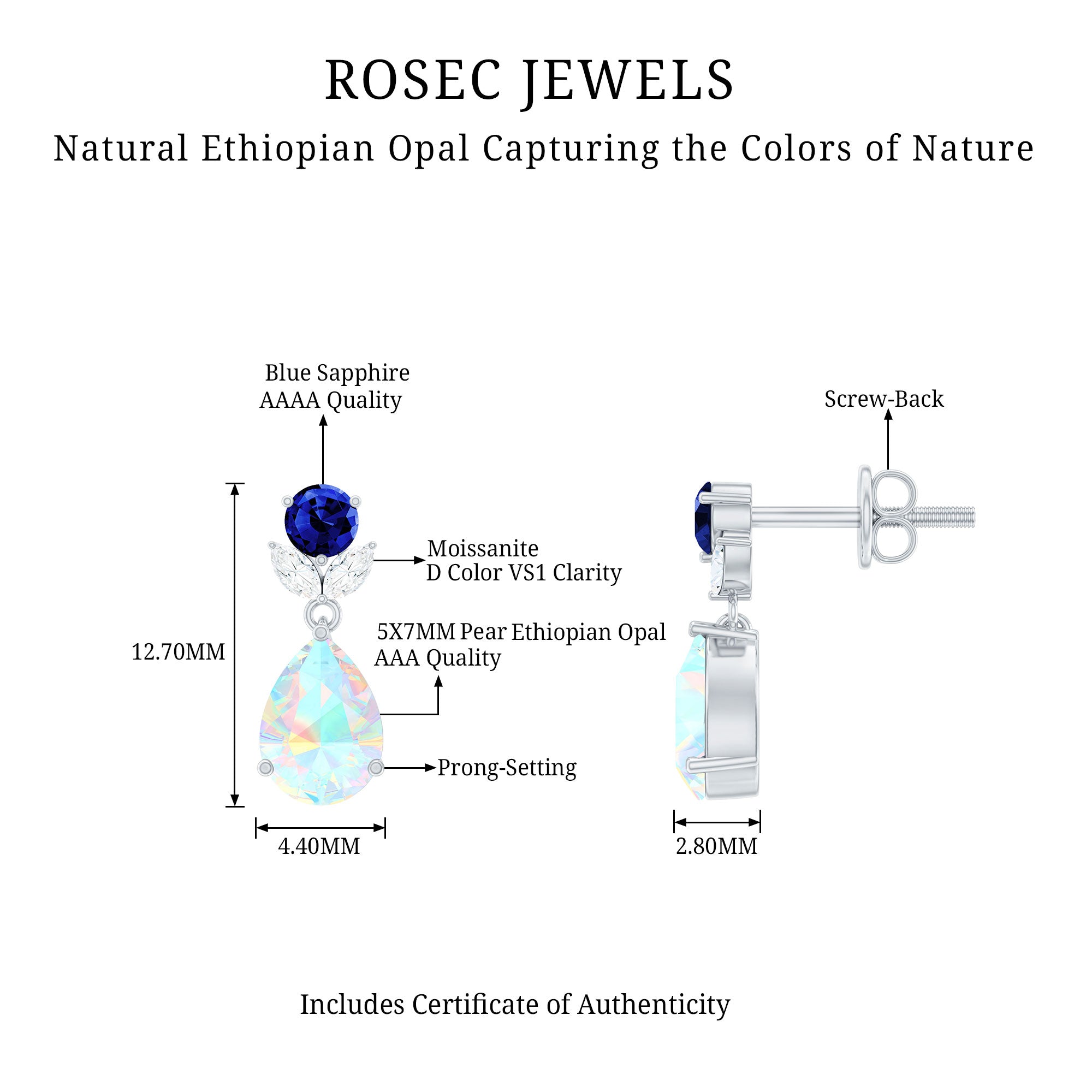 1.4 Carat Ethiopian Opal Teardrop Earrings with Lab Blue Sapphire AAA - Rosec Jewels
