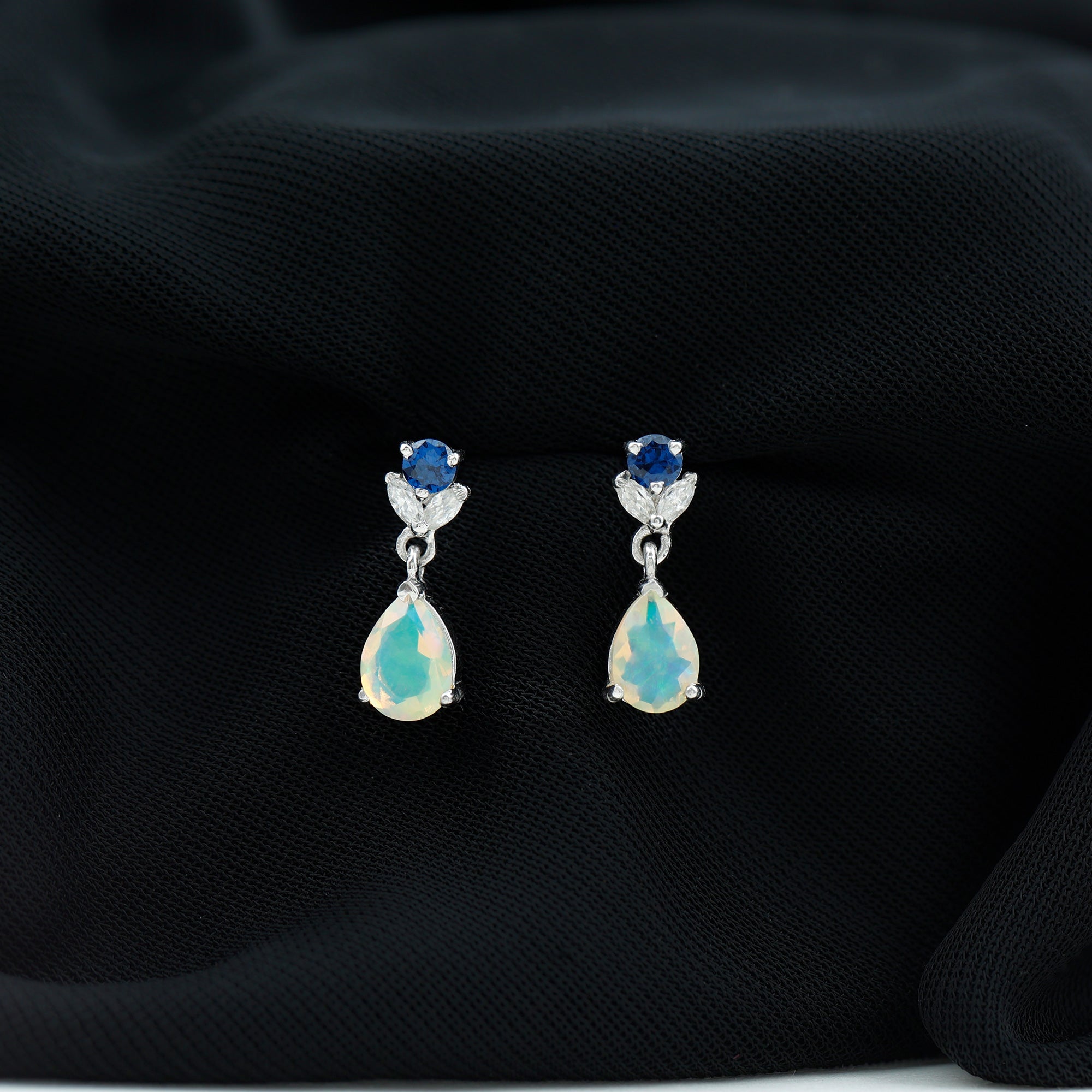 1.4 Carat Ethiopian Opal Teardrop Earrings with Lab Blue Sapphire AAA - Rosec Jewels