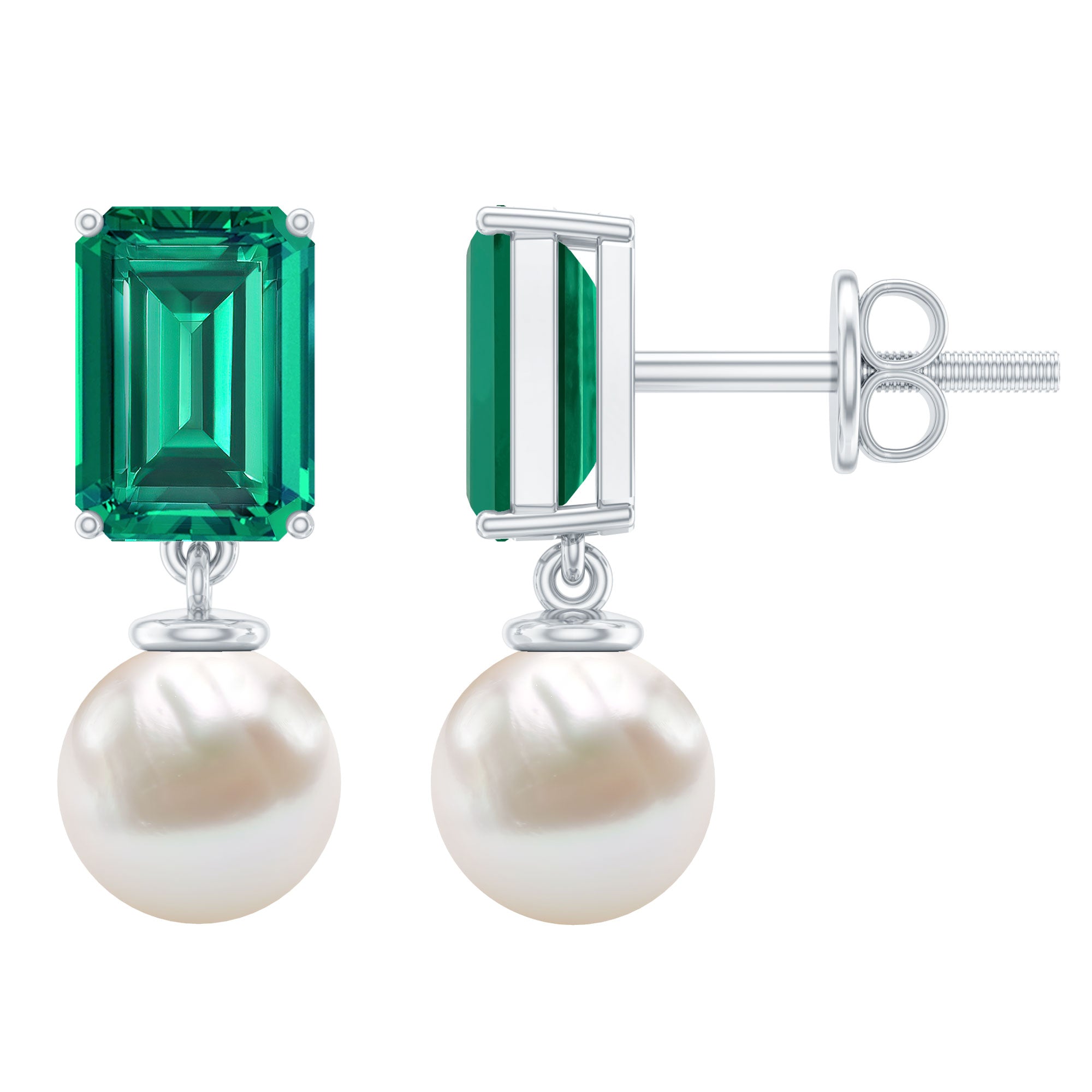 Certified Emerald Cut Lab Grown Emerald and Pearl Drop Earrings AAA - Rosec Jewels