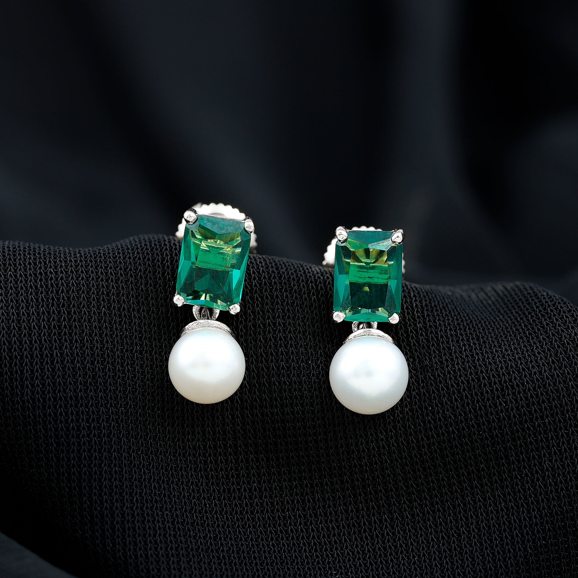 Certified Emerald Cut Lab Grown Emerald and Pearl Drop Earrings AAA - Rosec Jewels