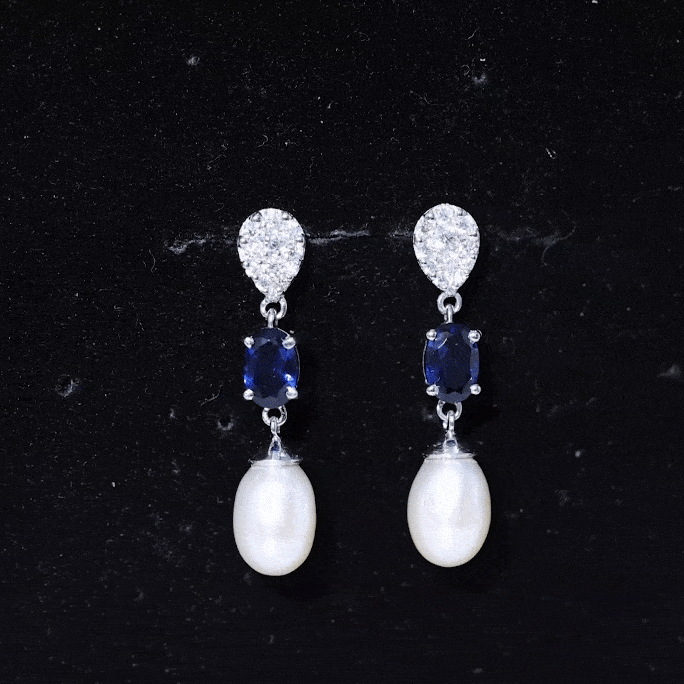 Teardrop Shape Freshwater Pearl Dangle Earrings with Lab Sapphire AAA - Rosec Jewels