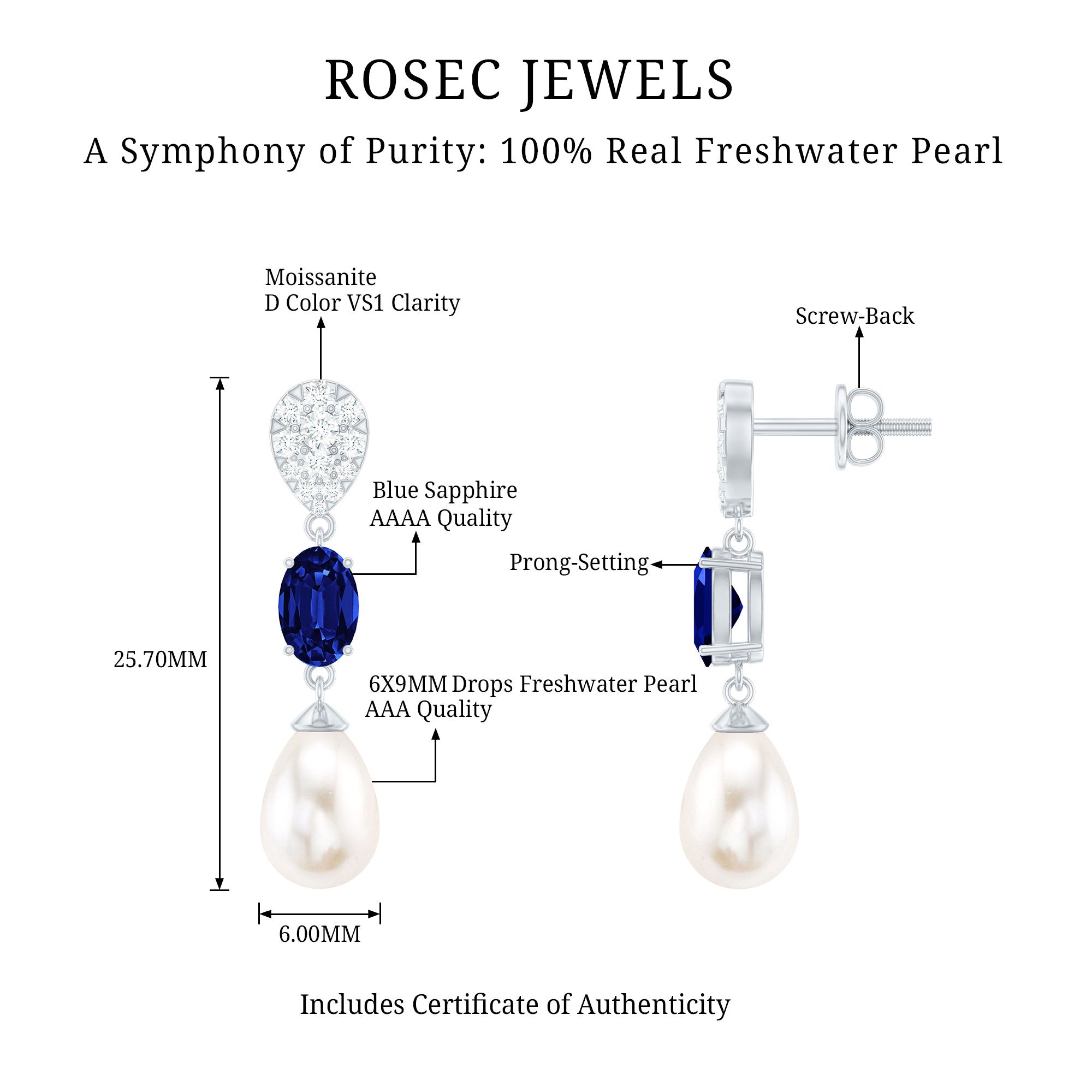 Teardrop Shape Freshwater Pearl Dangle Earrings with Lab Sapphire AAA - Rosec Jewels