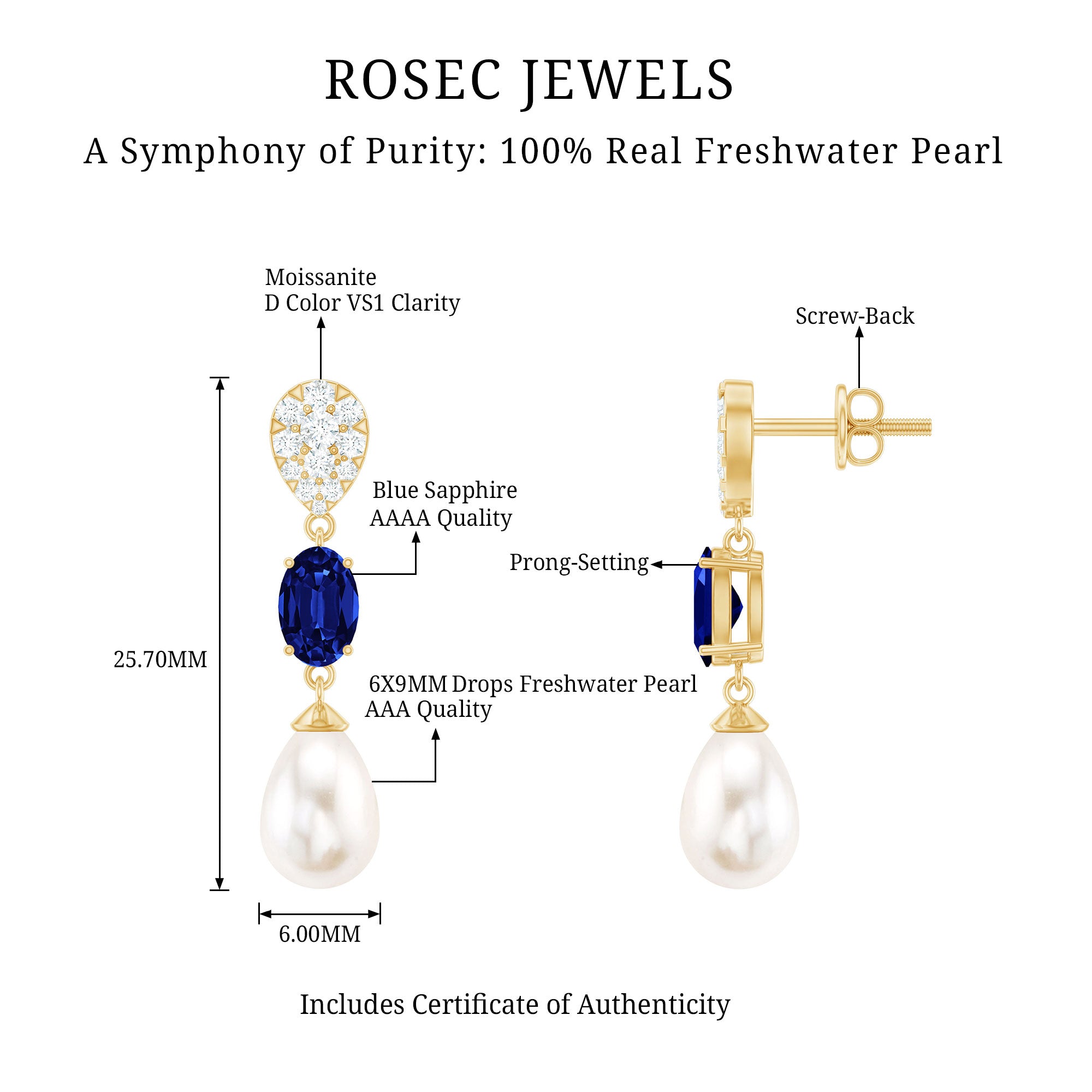 Teardrop Shape Freshwater Pearl Dangle Earrings with Lab Sapphire AAA - Rosec Jewels