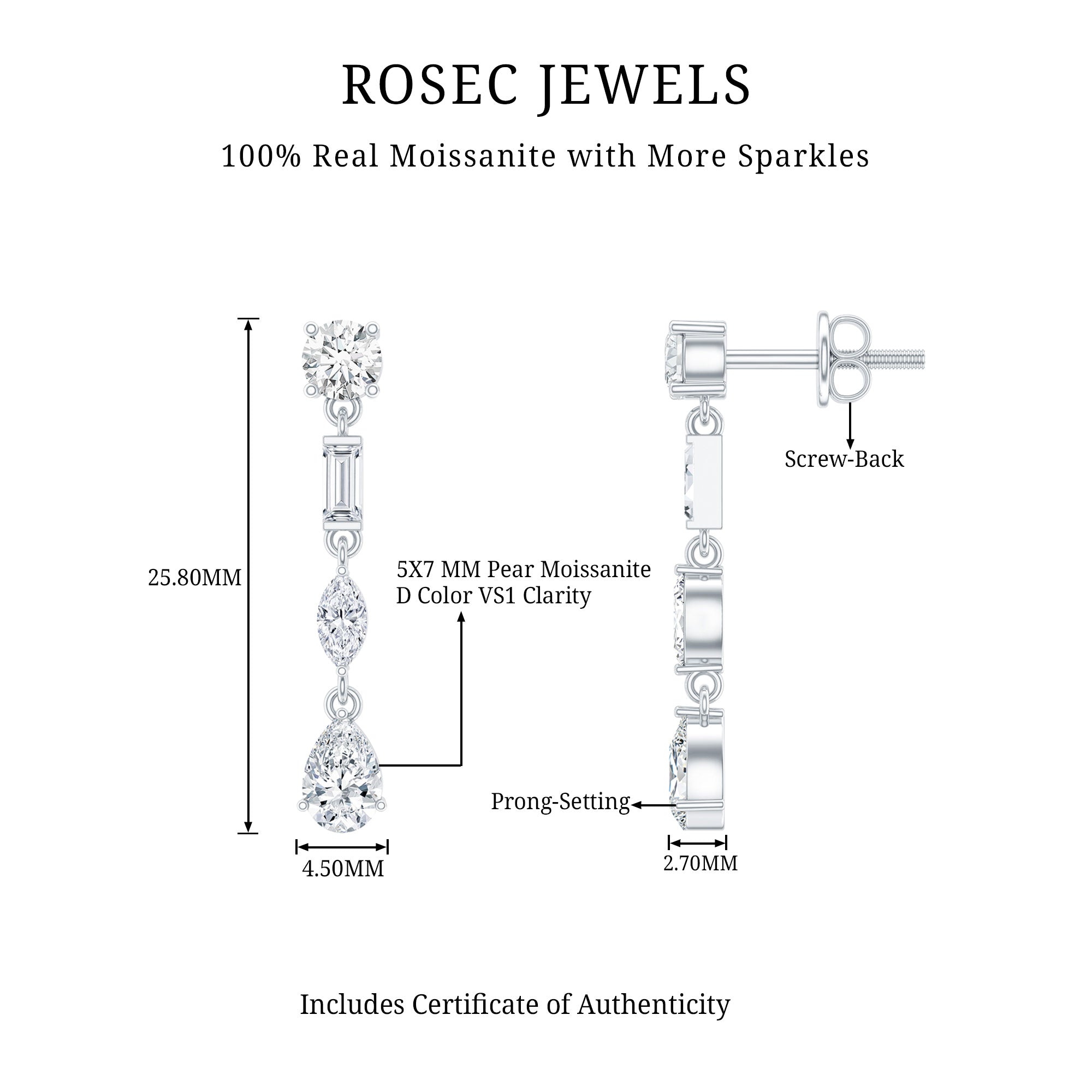 Certified Moissanite Wedding Dangle Earrings For Bride D-VS1 - Rosec Jewels