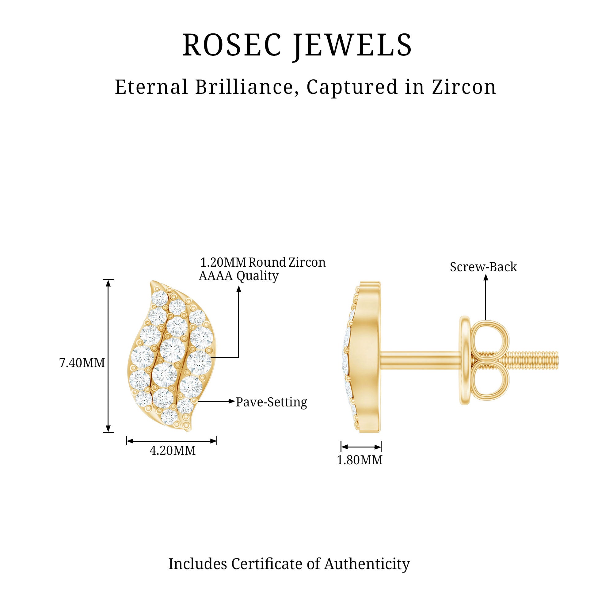 Cubic Zirconia Leaf Stud Earrings in Pave Setting AAAA - Rosec Jewels