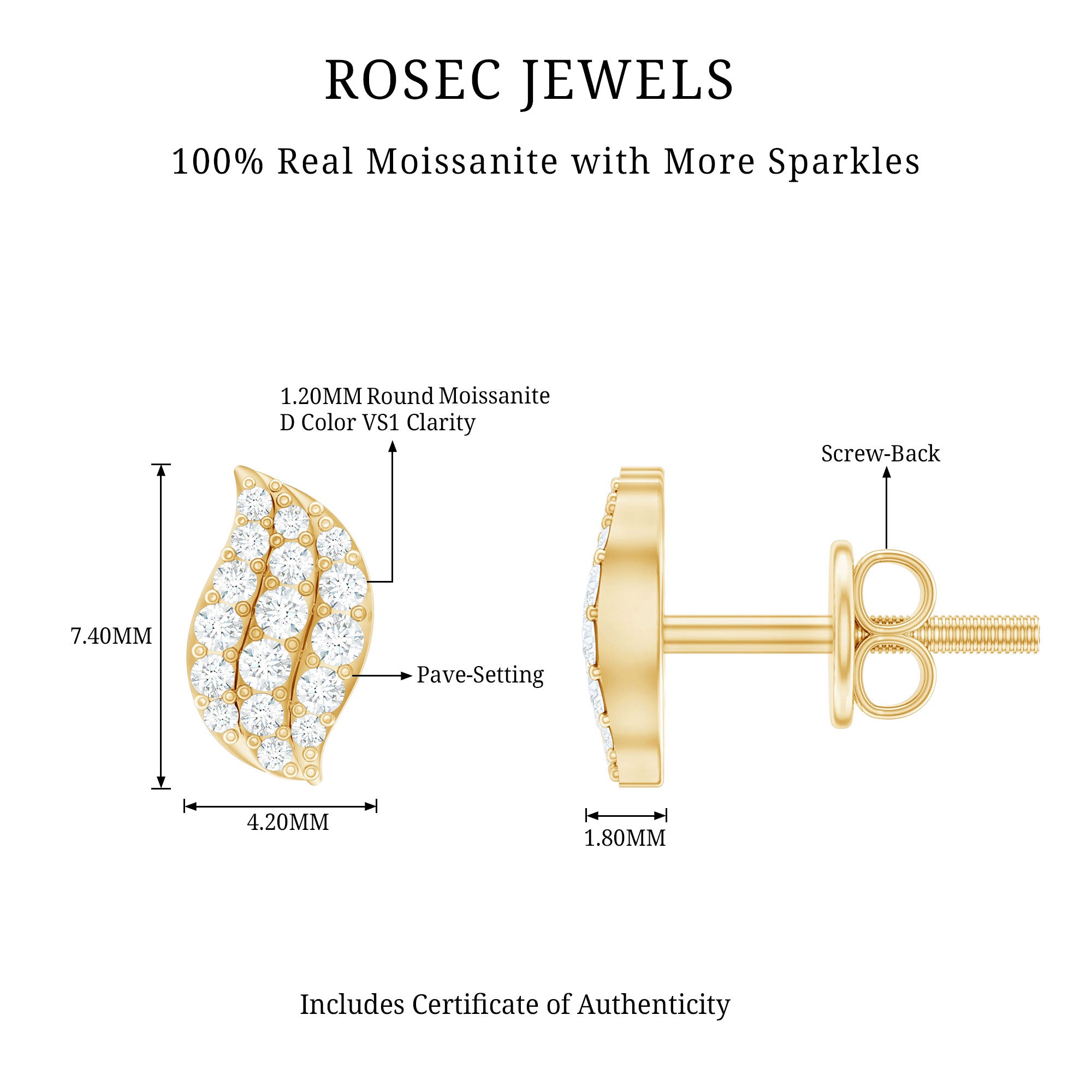 1/4 CT Certified Moissanite Leaf Stud Earrings in Pave Setting D-VS1 - Rosec Jewels