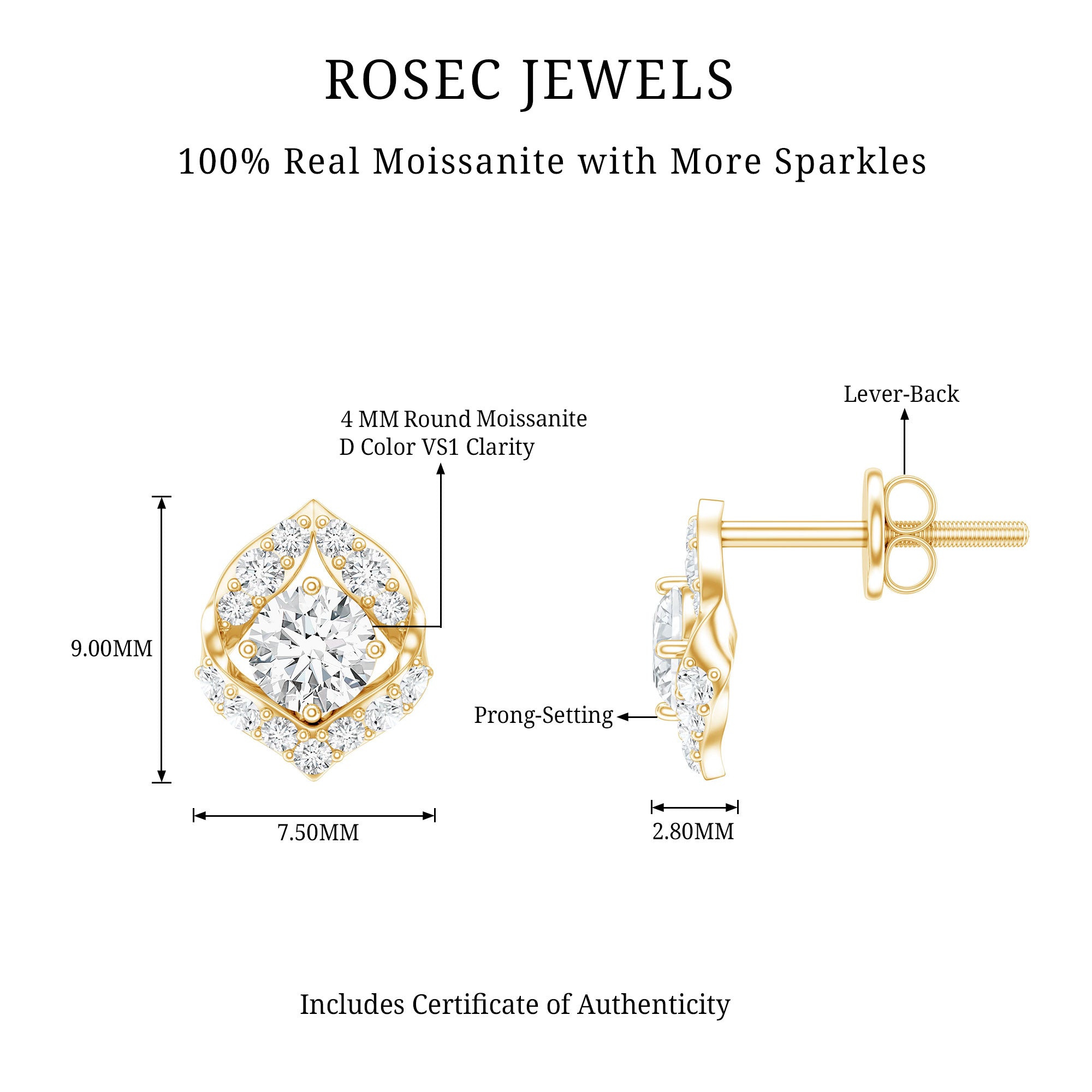 1 CT Moissanite Petal Stud Earrings with Screw Back D-VS1 - Rosec Jewels