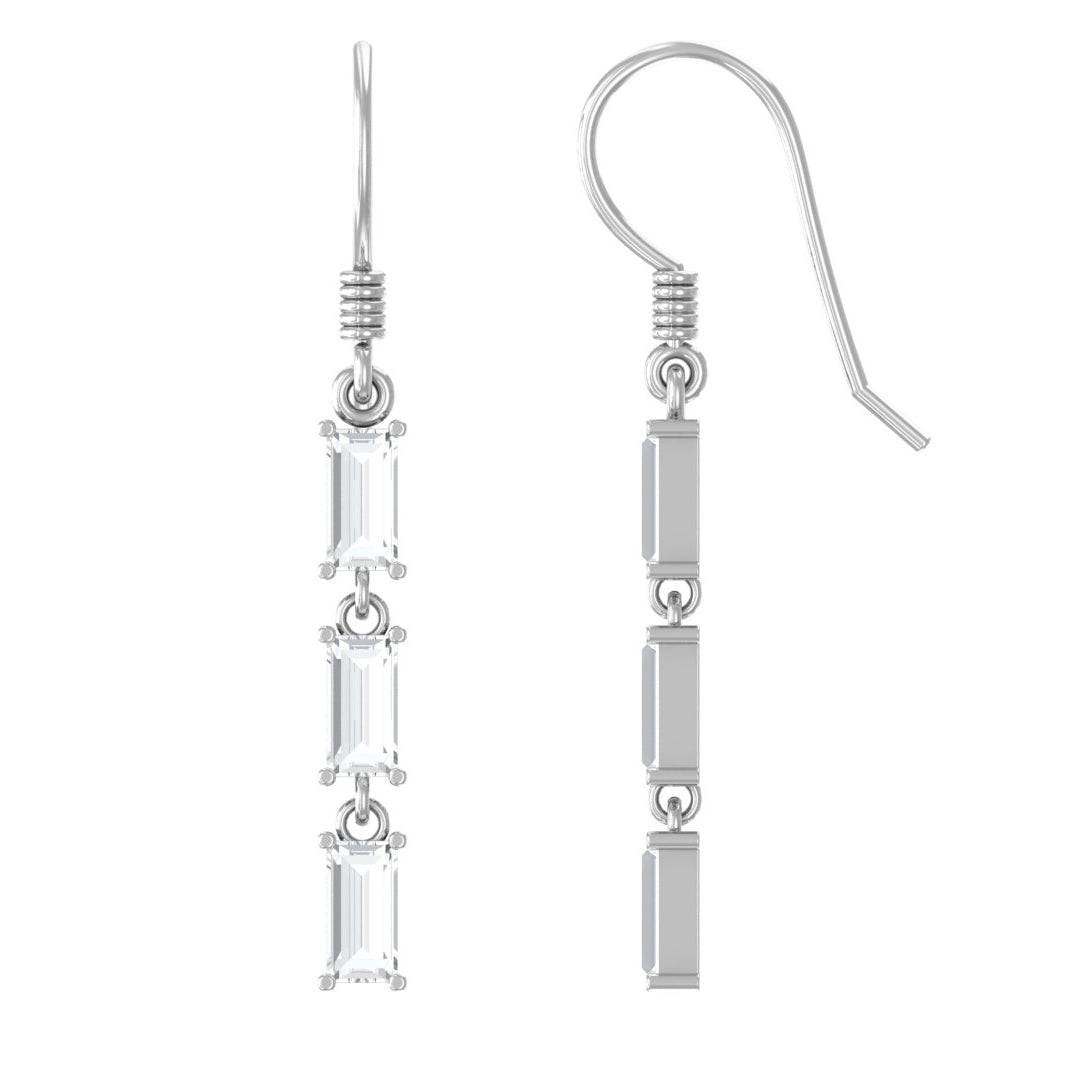 3/4 CT Baguette Cut Moissanite Three Stone Dangle Earrings