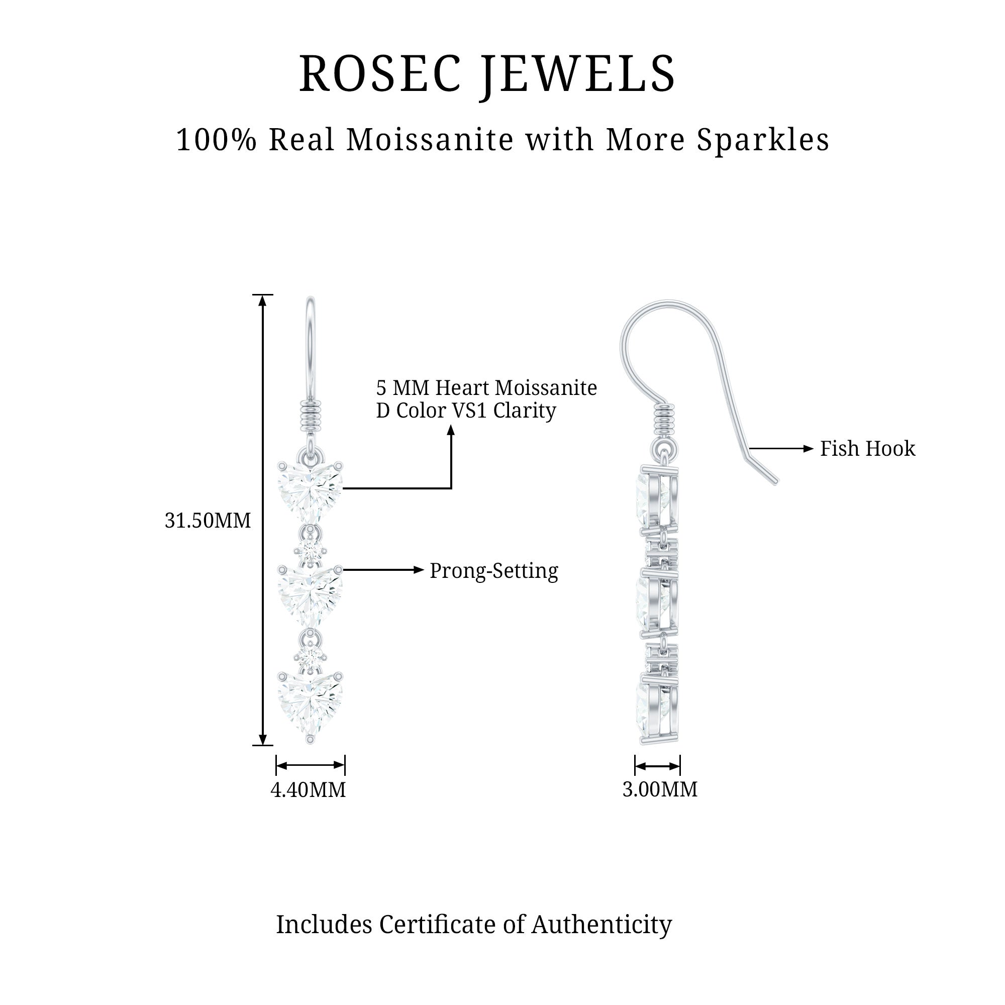 2 CT Heart and Round Shape Moissanite Dangle Earrings D-VS1 - Rosec Jewels