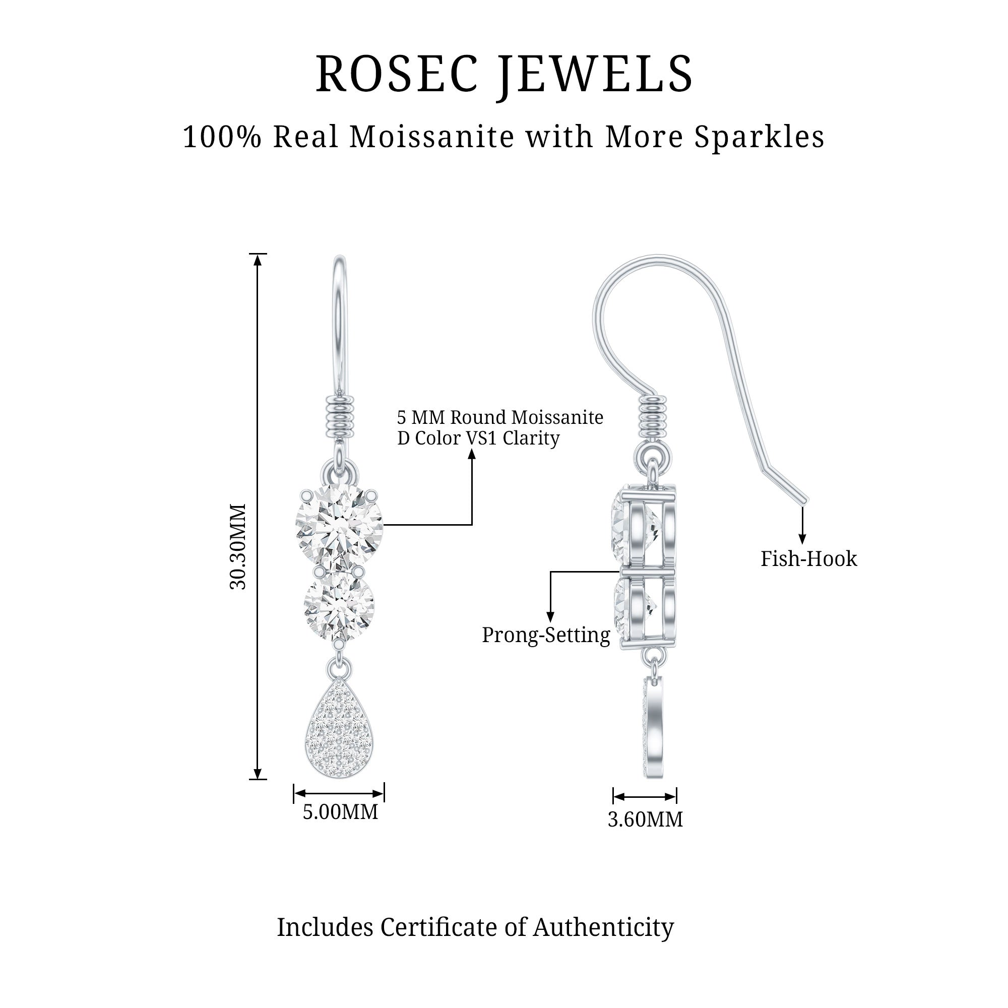 1.75 CT Moissanite Minimal Dangle Earrings in Gold D-VS1 - Rosec Jewels
