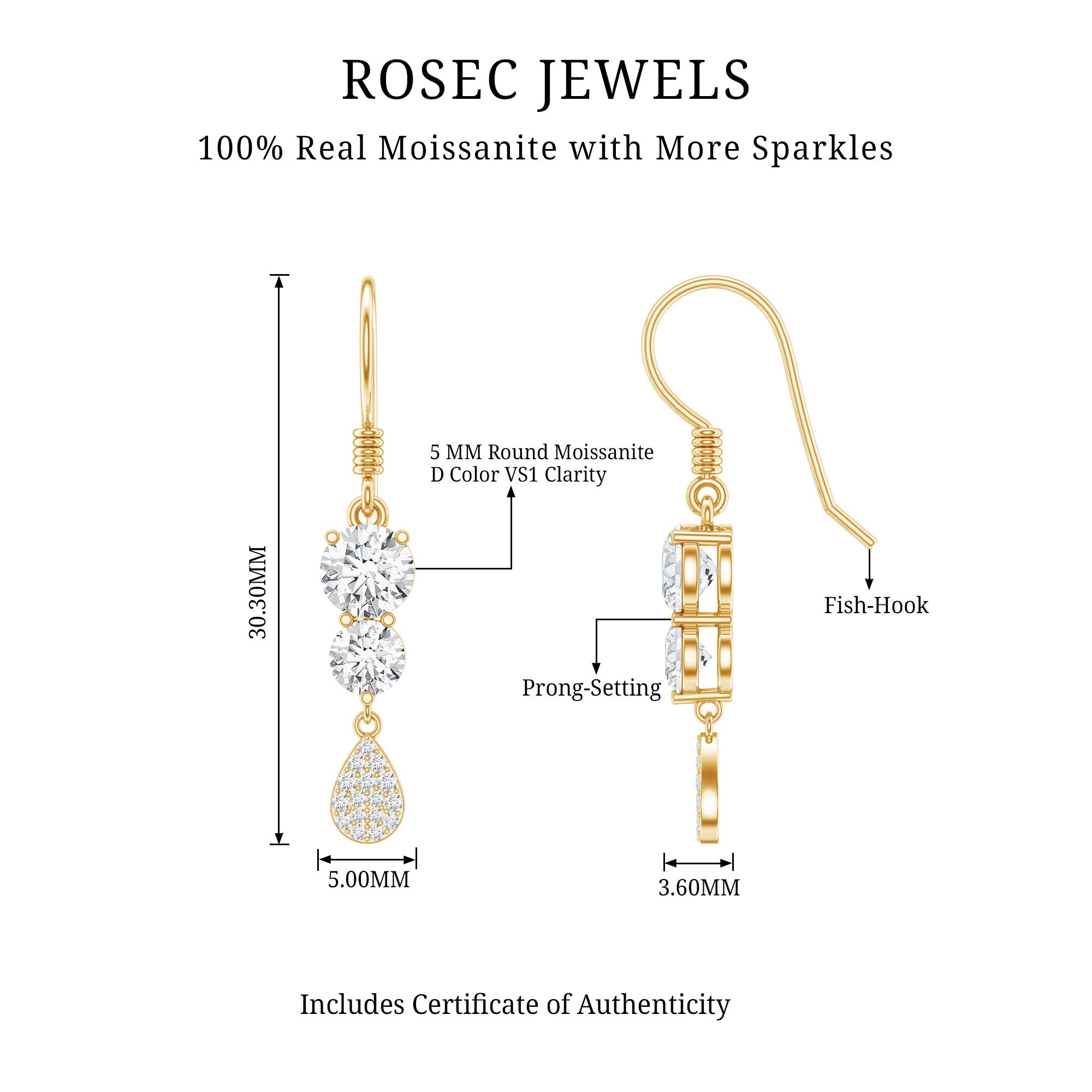 1.75 CT Moissanite Minimal Dangle Earrings in Gold D-VS1 - Rosec Jewels
