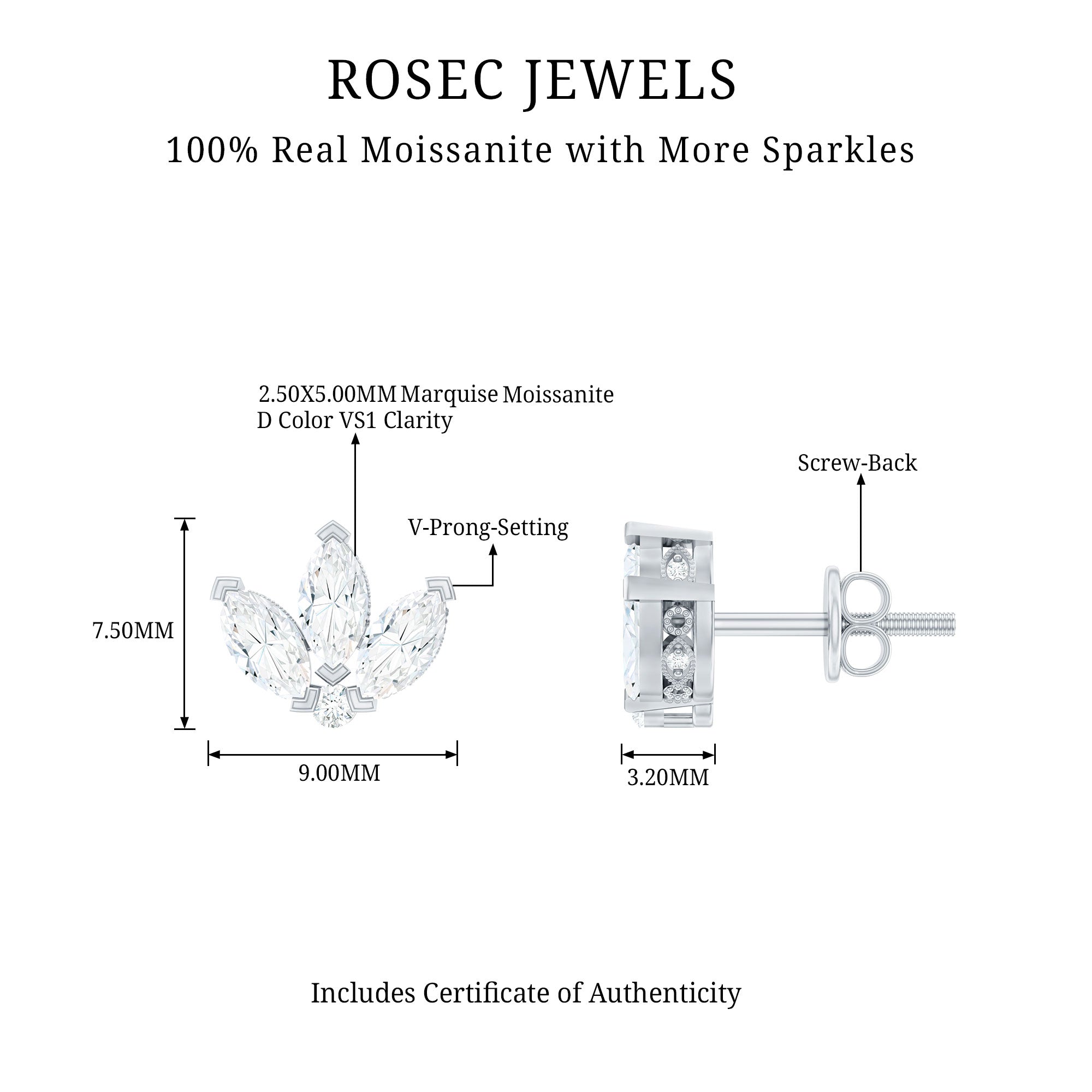 Certified Moissanite Lotus Flower Stud Earring D-VS1 - Rosec Jewels