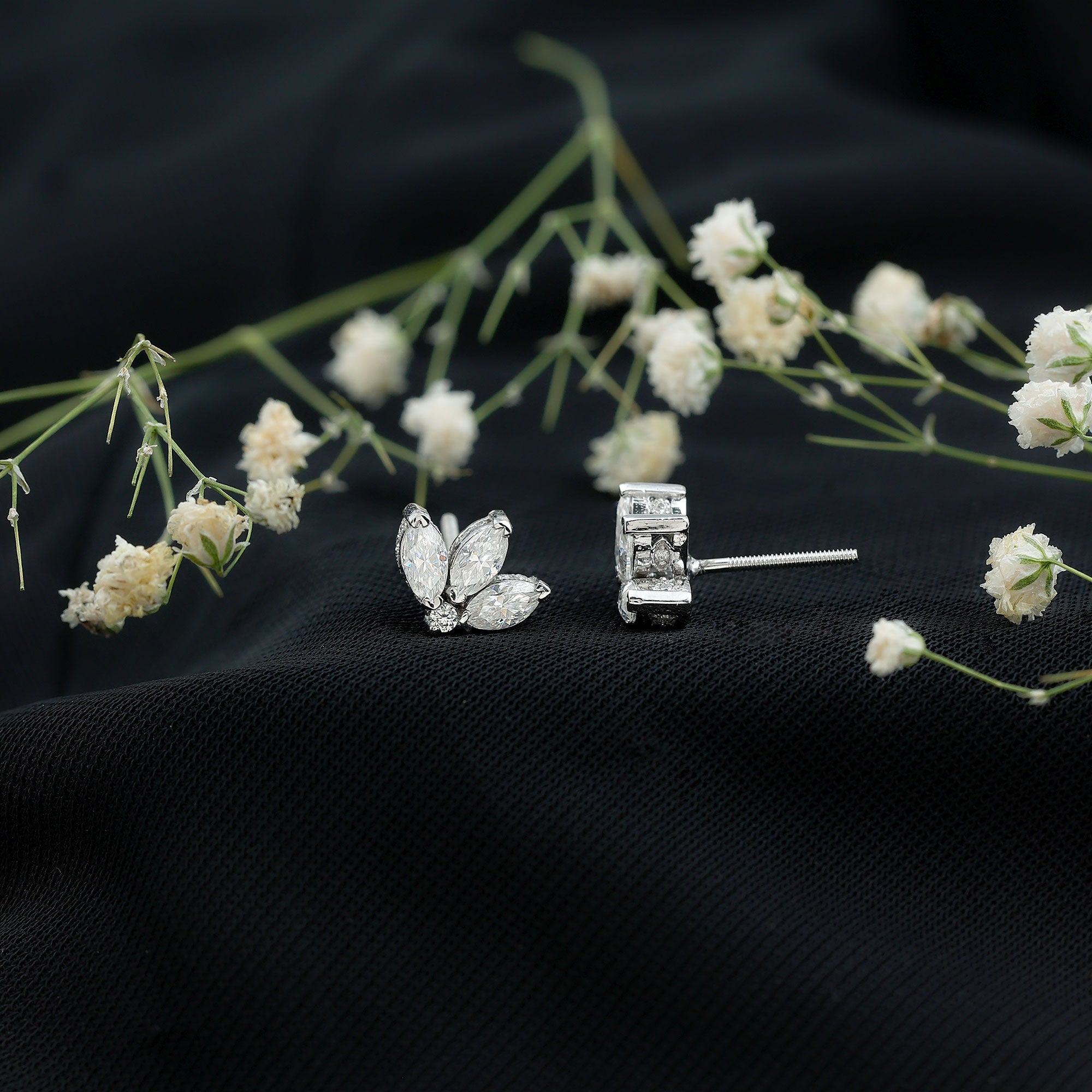 Certified Moissanite Lotus Flower Stud Earring D-VS1 - Rosec Jewels