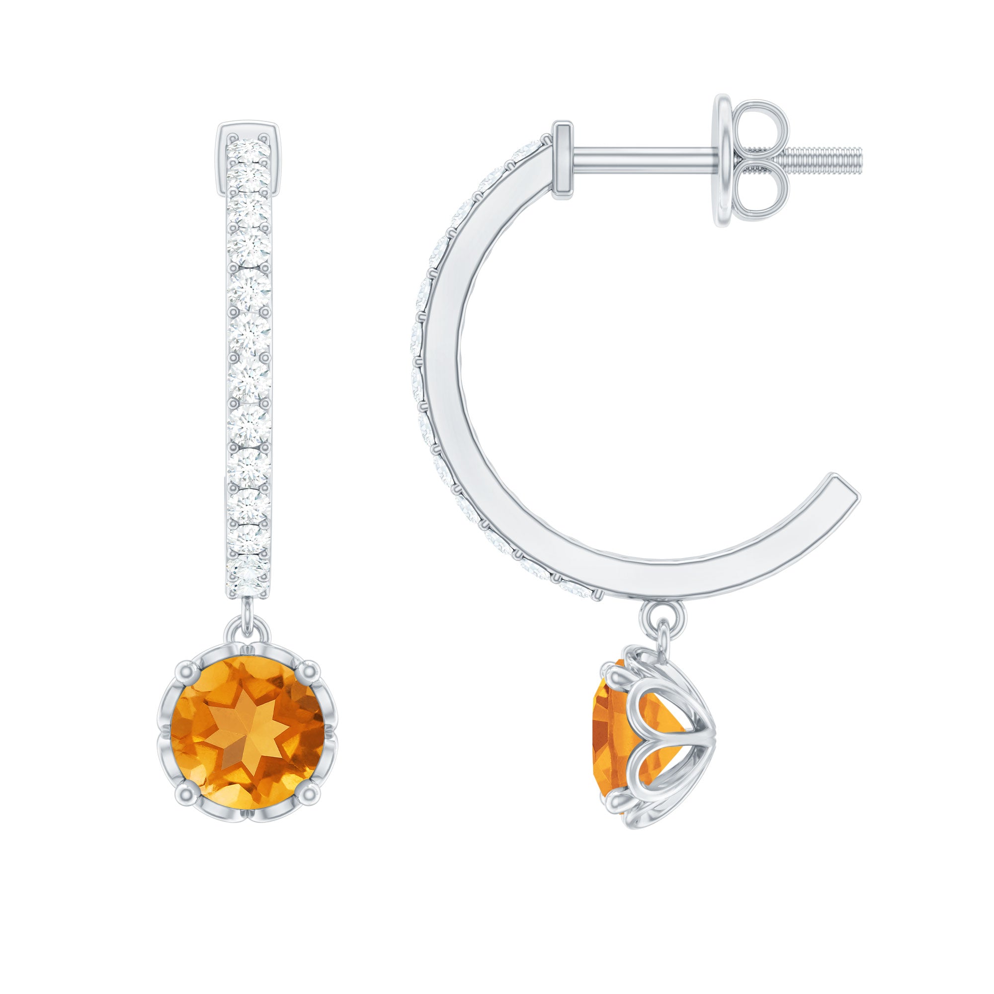 Natural Citrine Diamond Drop Hoop Earrings with Screw Back