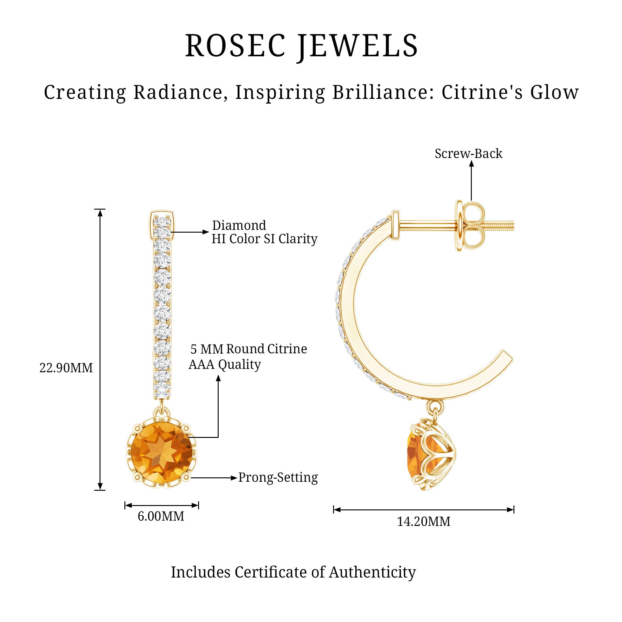 Natural Citrine Diamond Drop Hoop Earrings with Screw Back AAA - Rosec Jewels