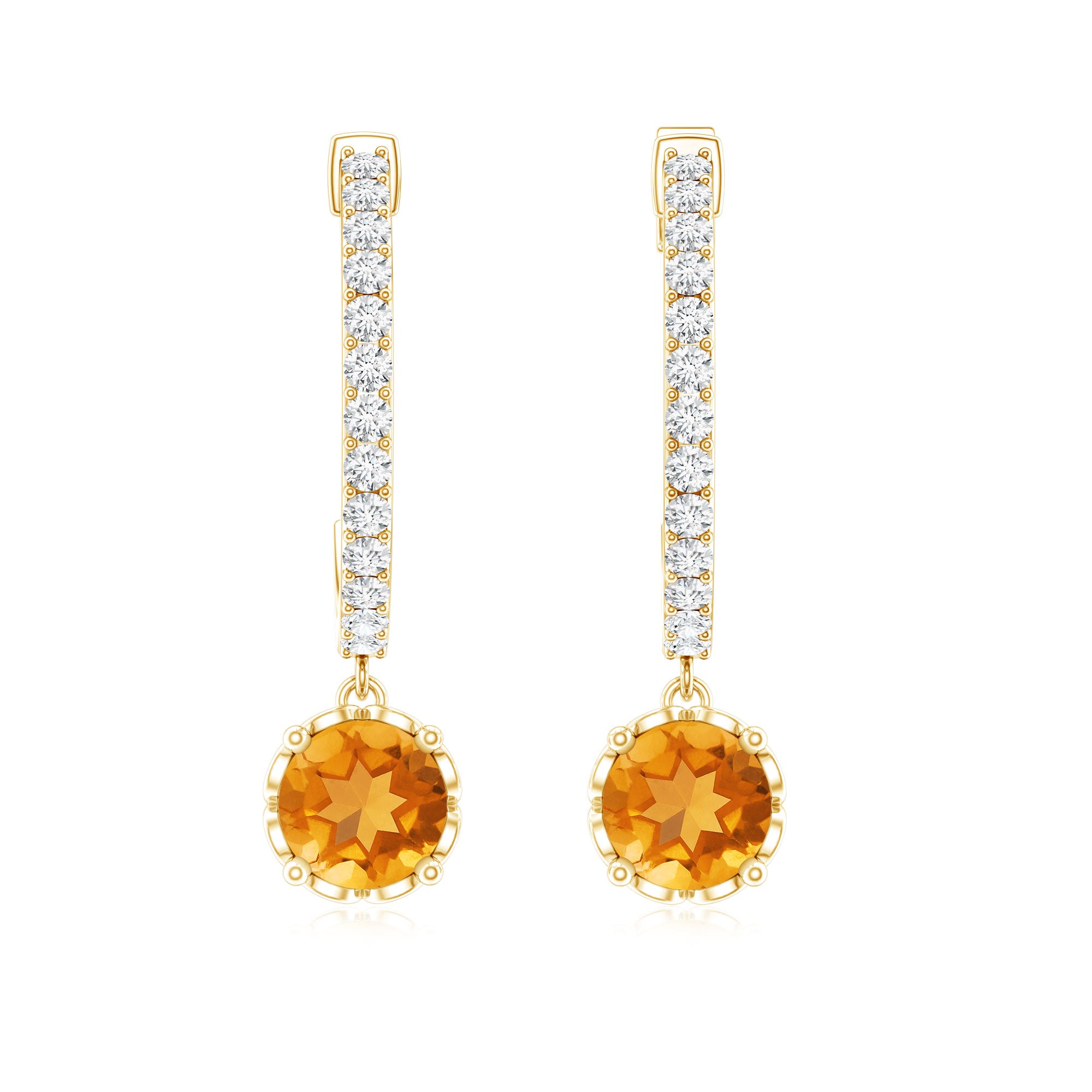 Natural Citrine Diamond Drop Hoop Earrings with Screw Back AAA - Rosec Jewels