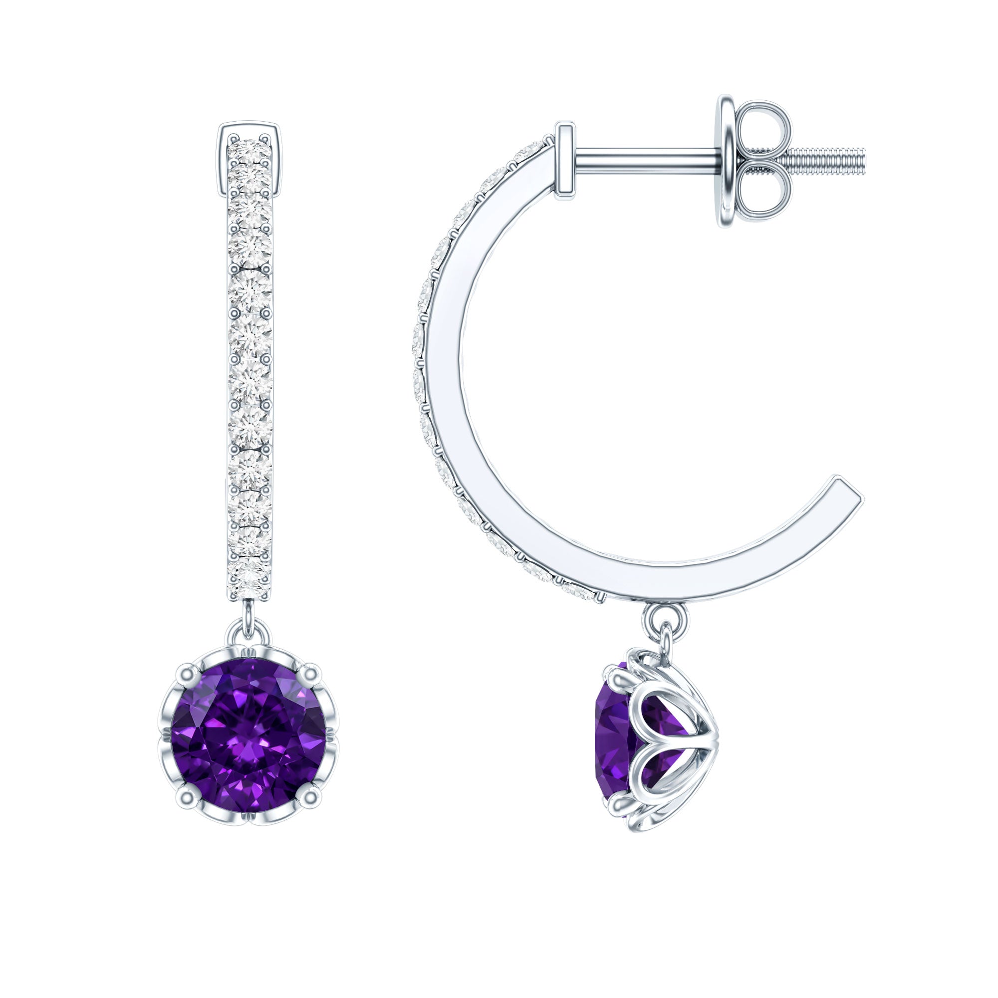 Natural Amethyst Hoop Drop Earrings with Diamond AAA - Rosec Jewels