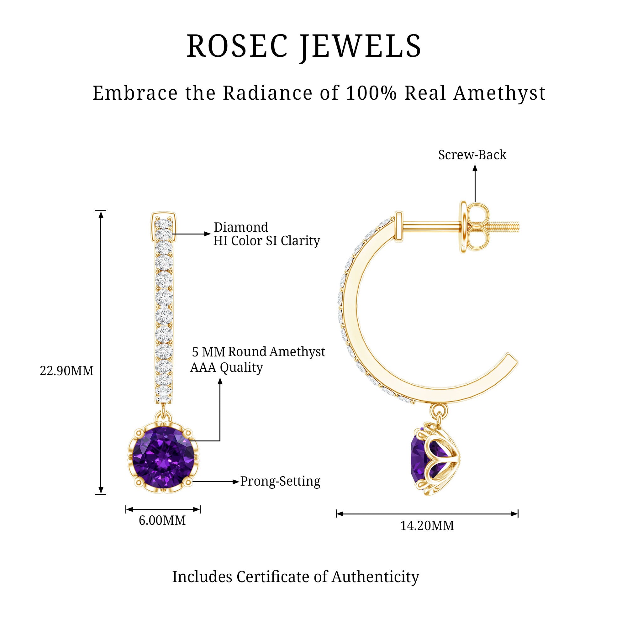Natural Amethyst Hoop Drop Earrings with Diamond AAA - Rosec Jewels