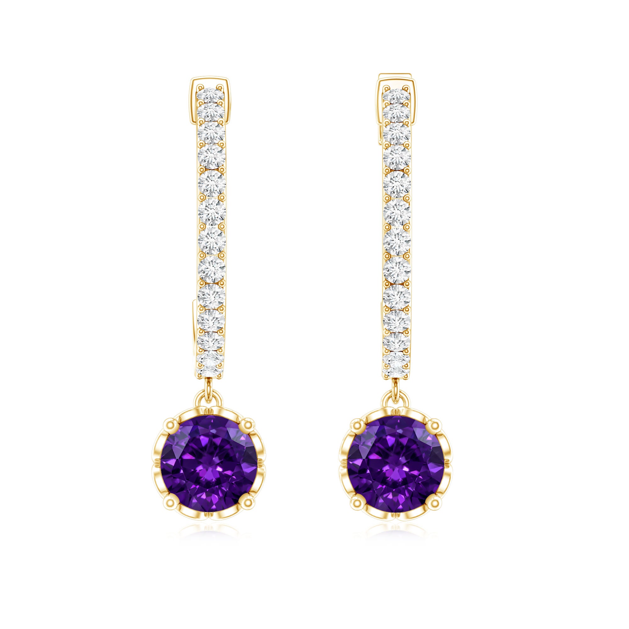 Natural Amethyst Hoop Drop Earrings with Diamond AAA - Rosec Jewels