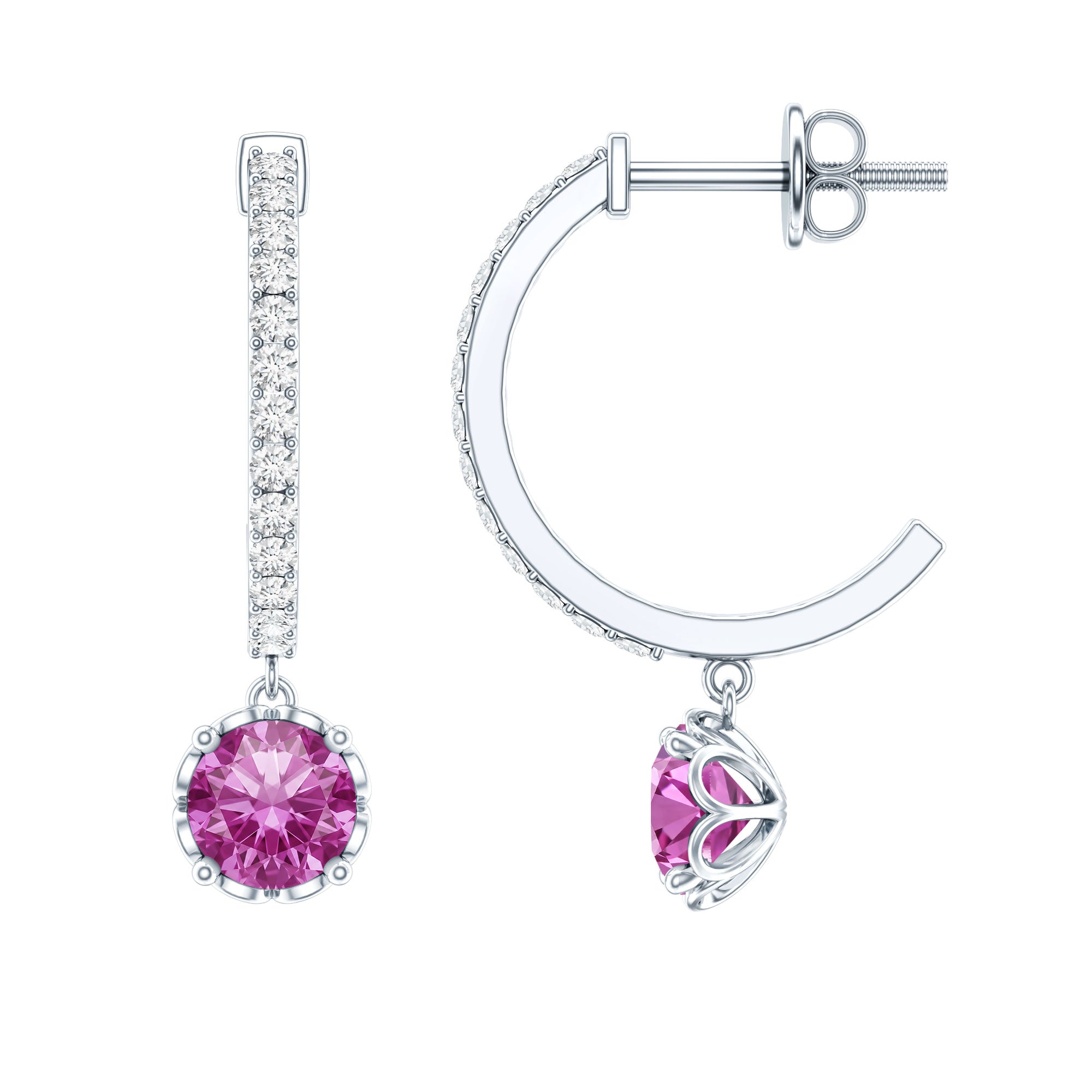 Lab Created Pink Sapphire and Diamond Hoop Drop Earrings AAAA - Rosec Jewels